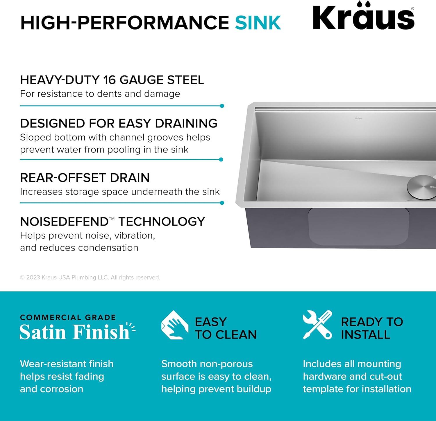 KRAUS Kore™ Workstation 30-inch L Undermount 16 Gauge Single Bowl Stainless Steel Kitchen Sink with Accessories