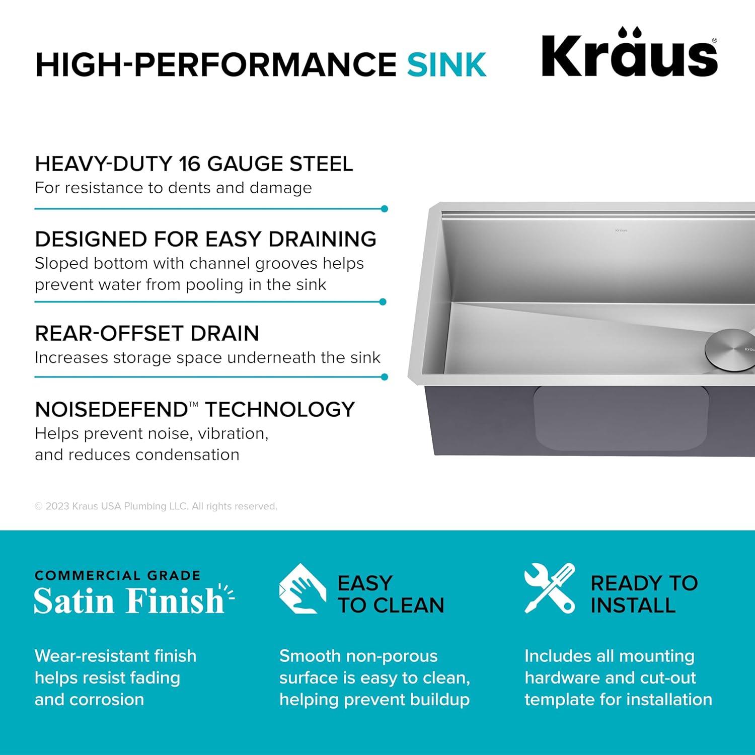 KRAUS Kore™ Workstation 30-inch L Undermount 16 Gauge Single Bowl Stainless Steel Kitchen Sink with Accessories