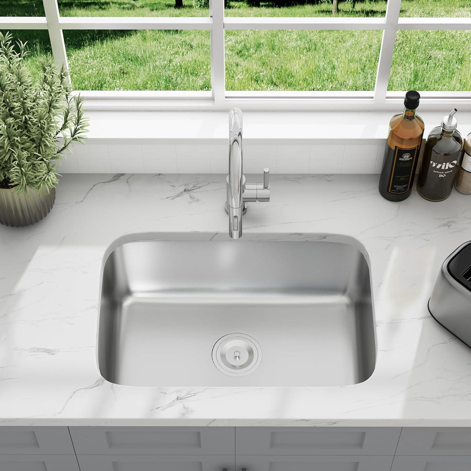 Blenzia 27 Inch Curved Undermount Kitchen Sink 304 Stainless Steel 18 Gauge Single Bowl Sinks