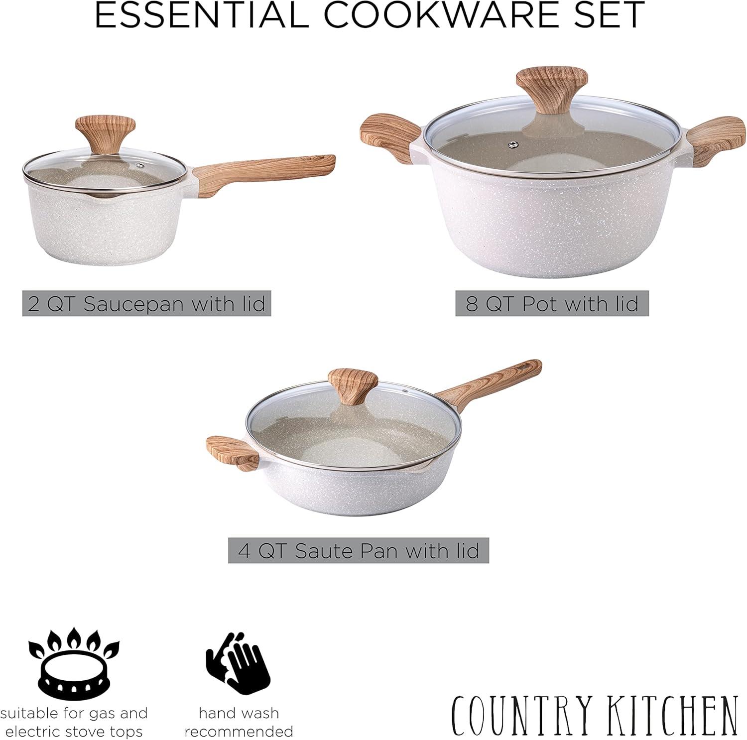 Non-Stick Cast Aluminum Cookware Set - Durable Kitchen Cookware for Everyday Cooking, Speckled Cream, 6 Pc.