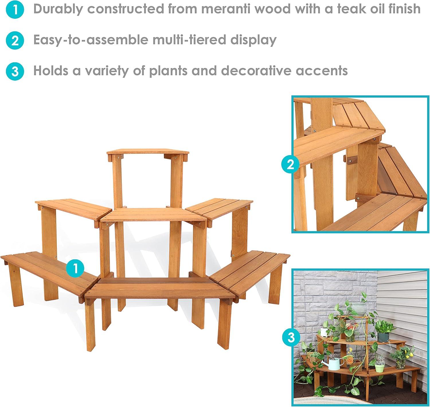 Sunnydaze Outdoor Meranti Wood with Teak Oil Finish 3-Tiered Flower Plant Stand - 36" - Brown