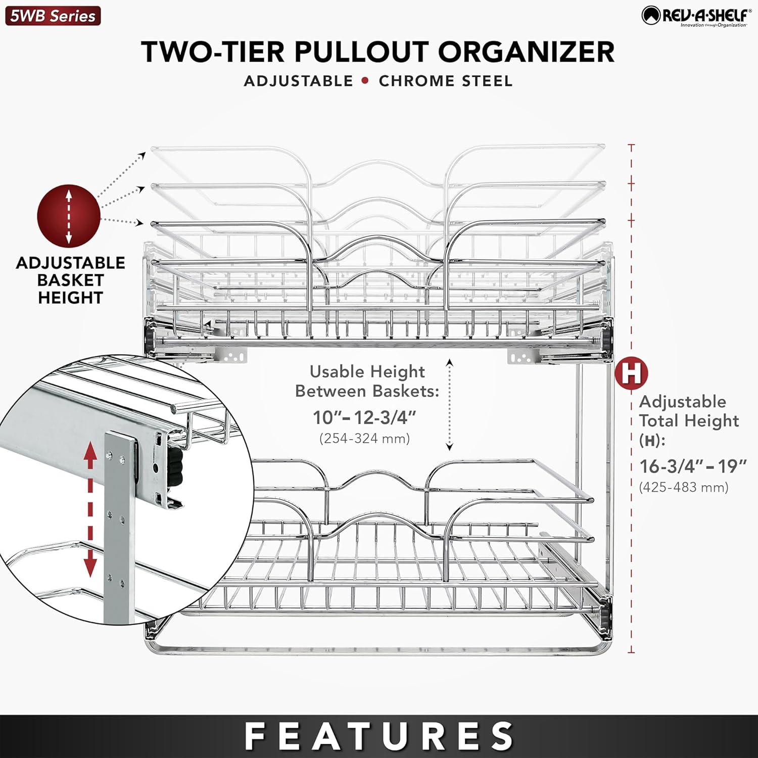 Rev-A-Shelf 5WB2 2-Tier Wire Basket Pull Out Shelf Storage for Kitchen Base Cabinet Organization, Chrome