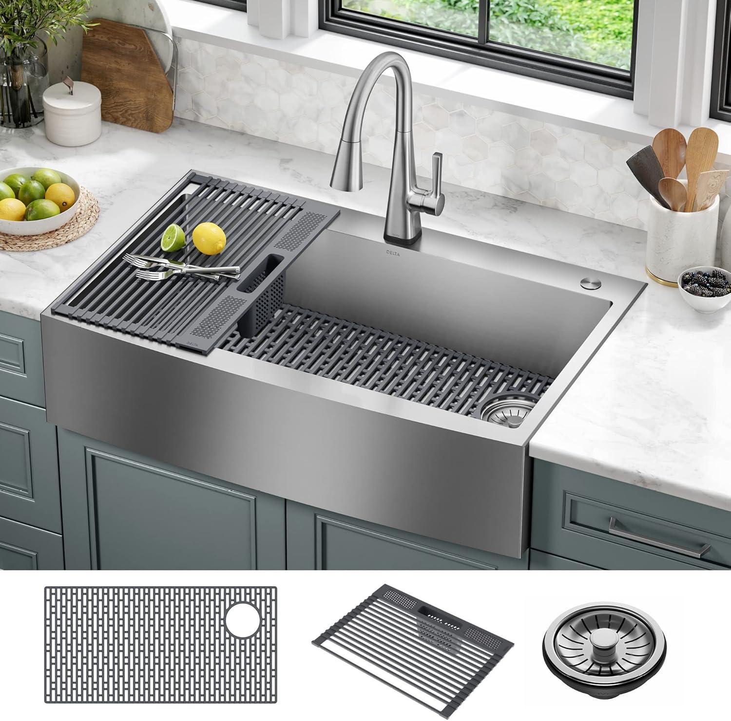 Lenta Retrofit Farmhouse Apron Front 16 Gauge Stainless Steel Single Bowl Kitchen Sink for Top Mount Installation