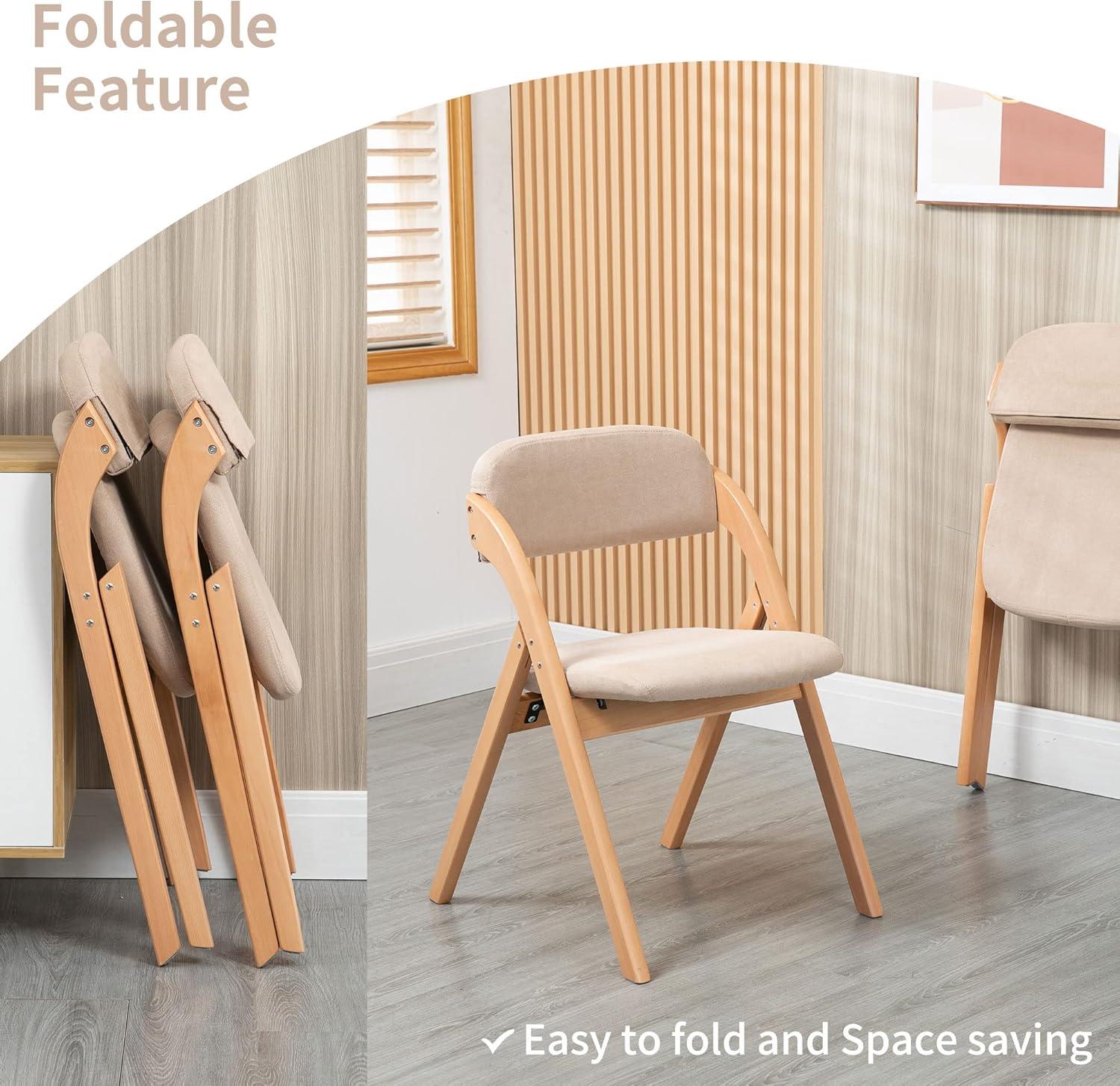 HOMEFUN Folding Chairs with Cushion Padded Foldable Chiars 4 Pack - Wooden Dining Fold Seat with Removable Cover Extra Chair for Guests Kitchen Office Wedding Party Picnic, Khaki