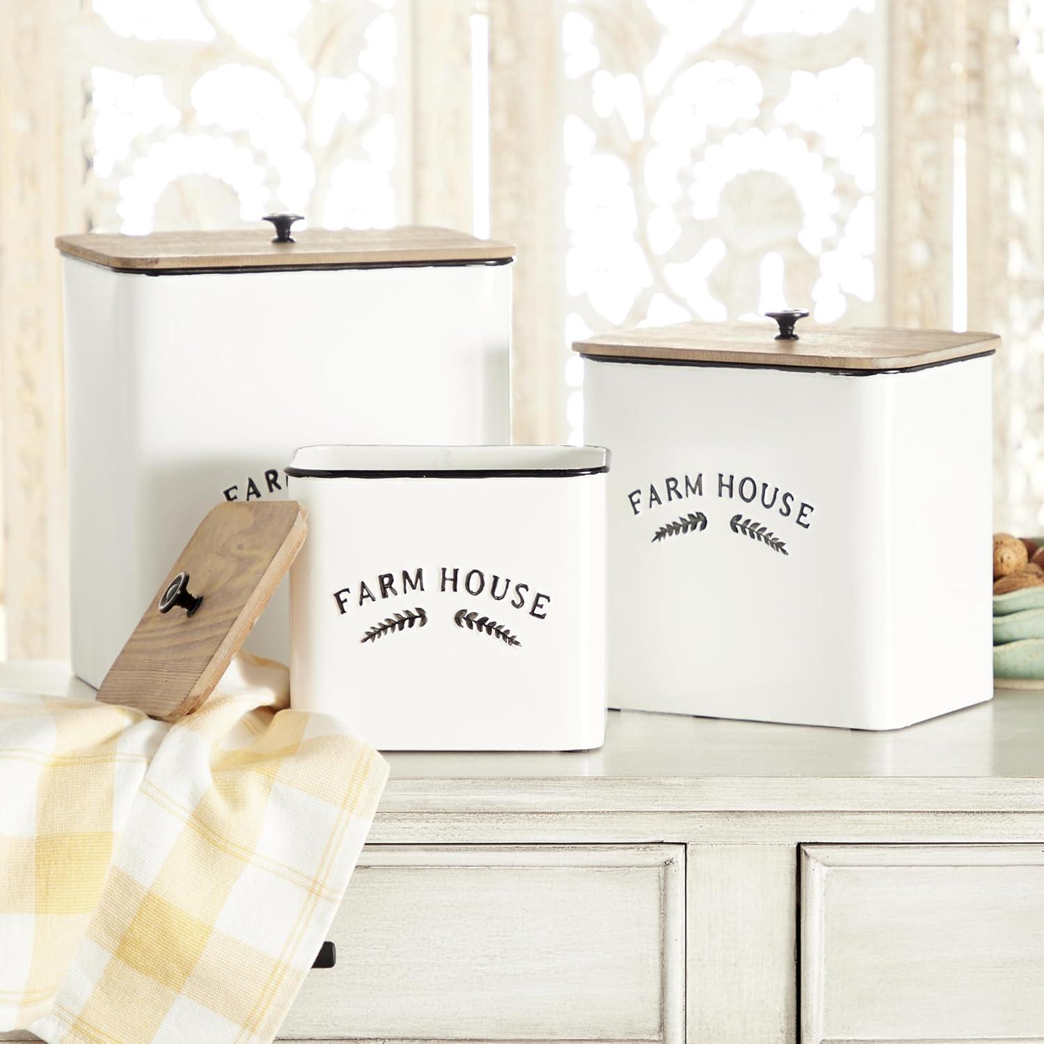 DecMode Farmhouse White Metal Canisters with Natural Brown Lid, Set of 3 11" , 9", 7"H