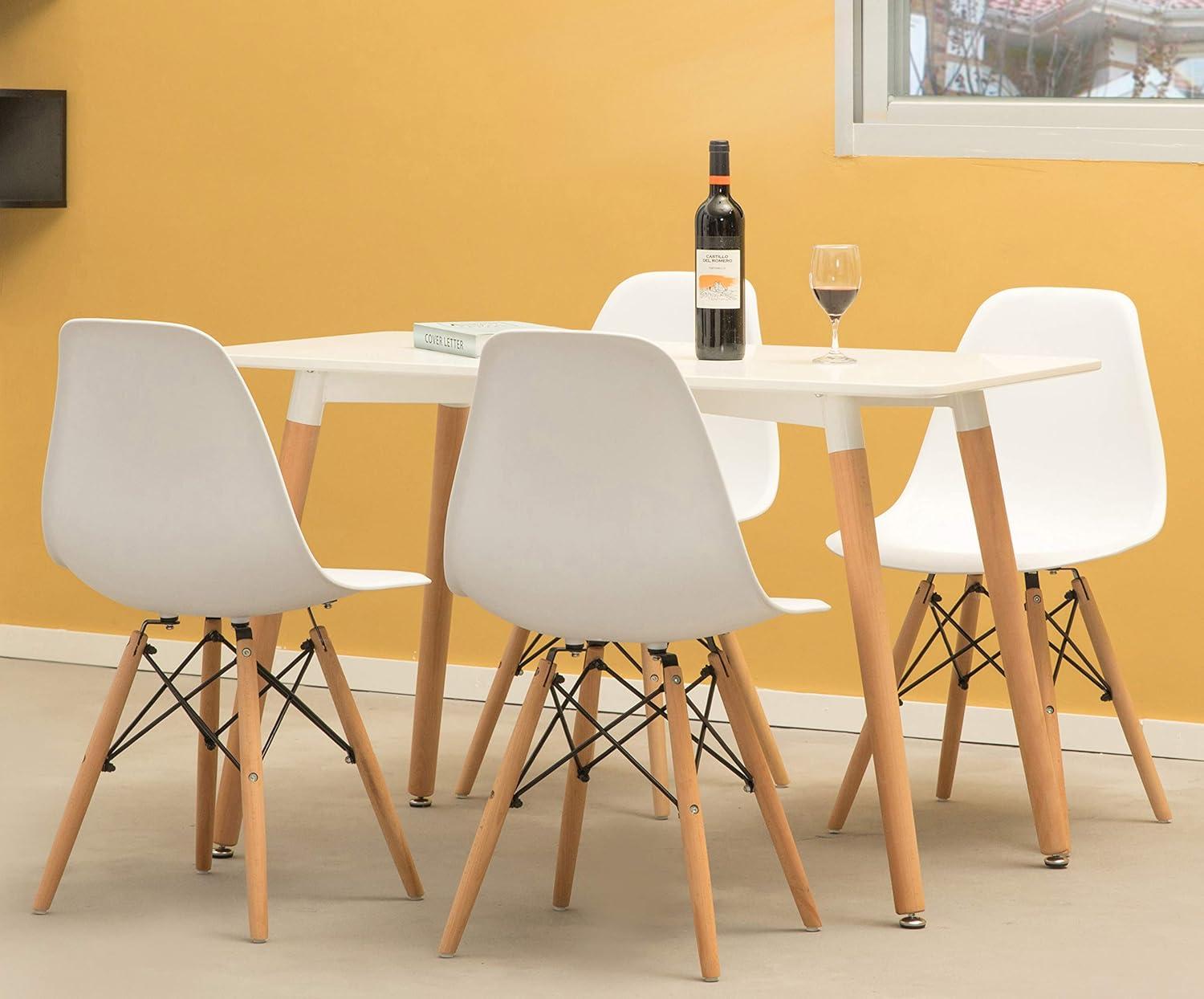 Fabulaxe Mid-Century Modern Style Plastic DSW Shell Dining Chair with Solid Beech Wooden Dowel Eiffel Legs, White