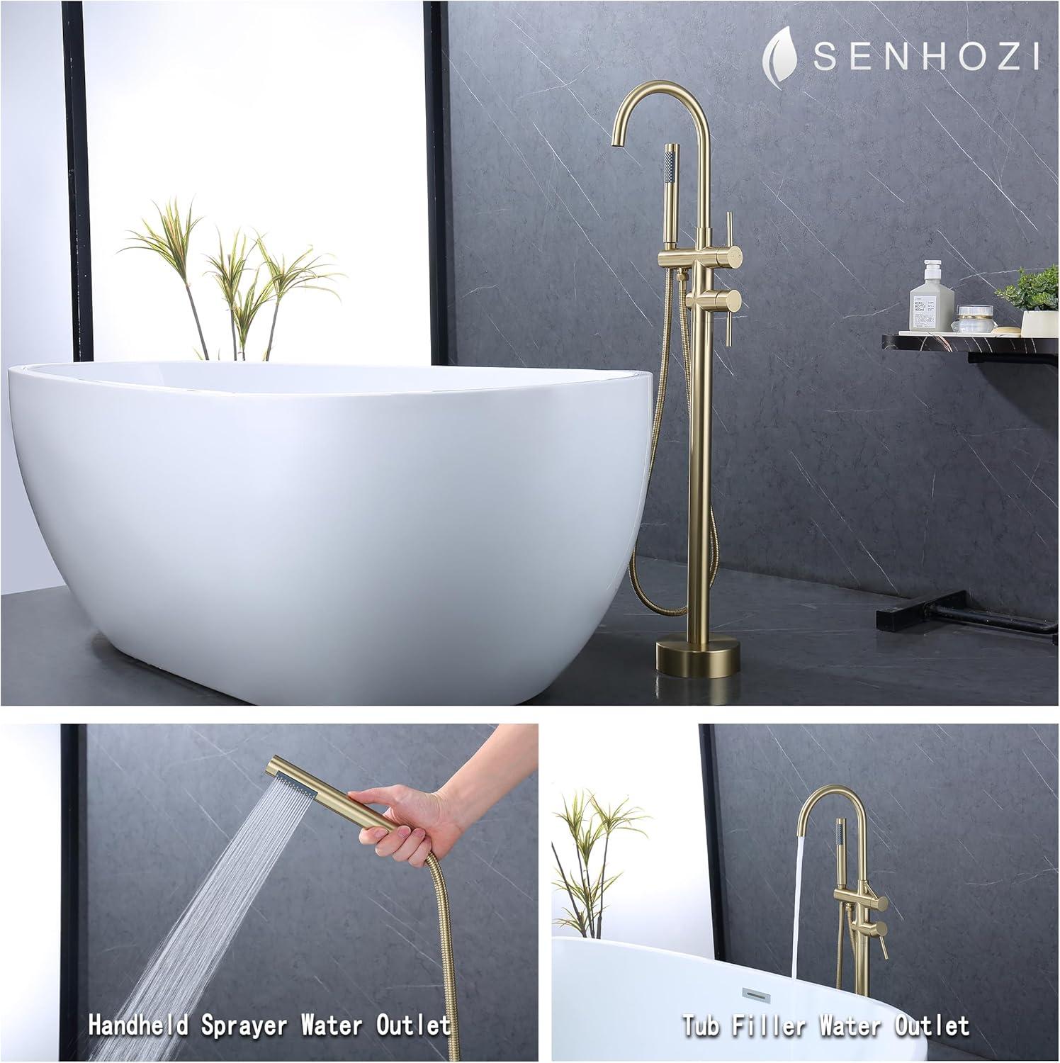 AWZTOO Free Standing Tub Faucet With Hand Shower Floor Mount Tub Faucets Brushed Gold Bathtub Filler Single Handle Modern Bathroom Taps