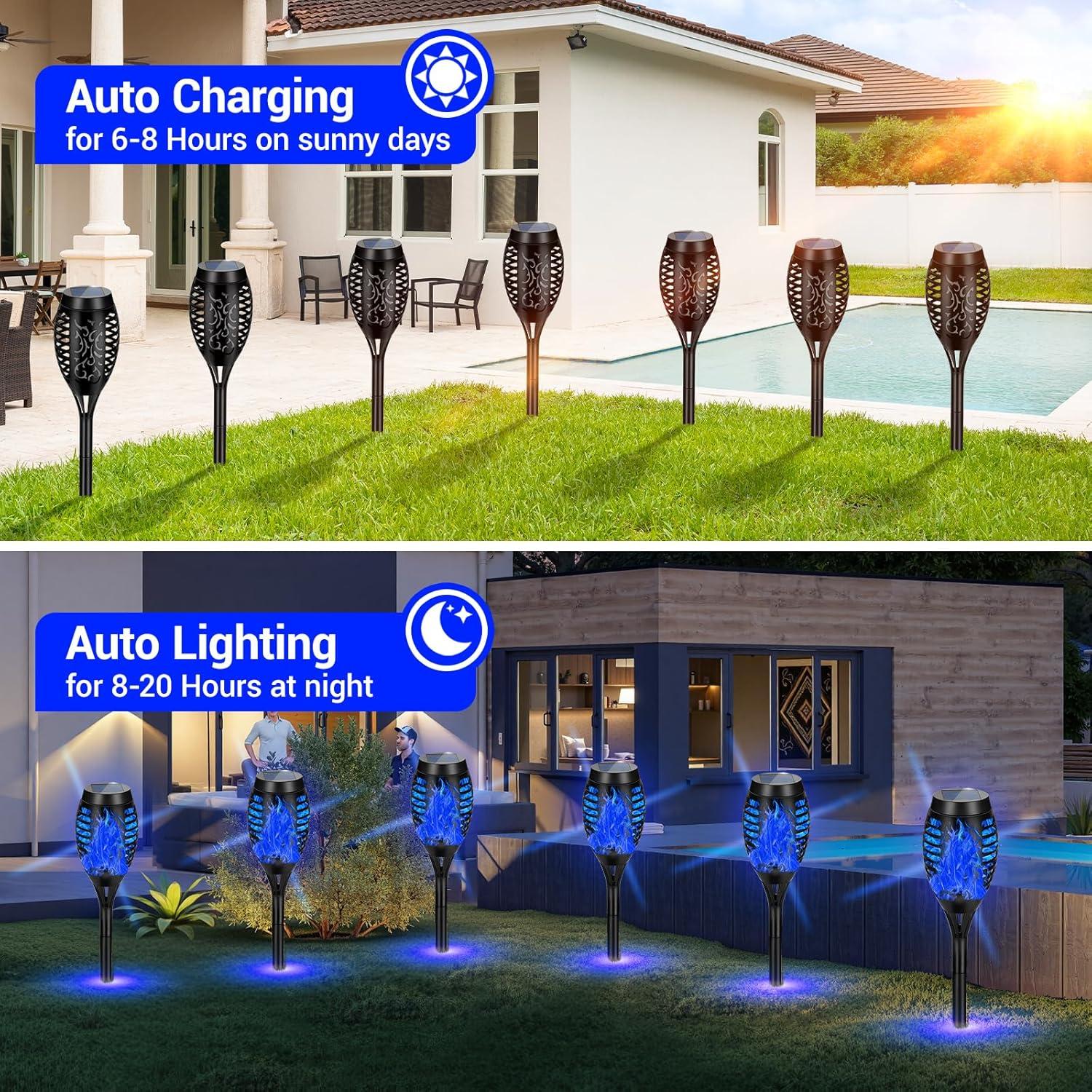 Black Solar LED Tiki Torches with Flickering Flame, 4-Pack