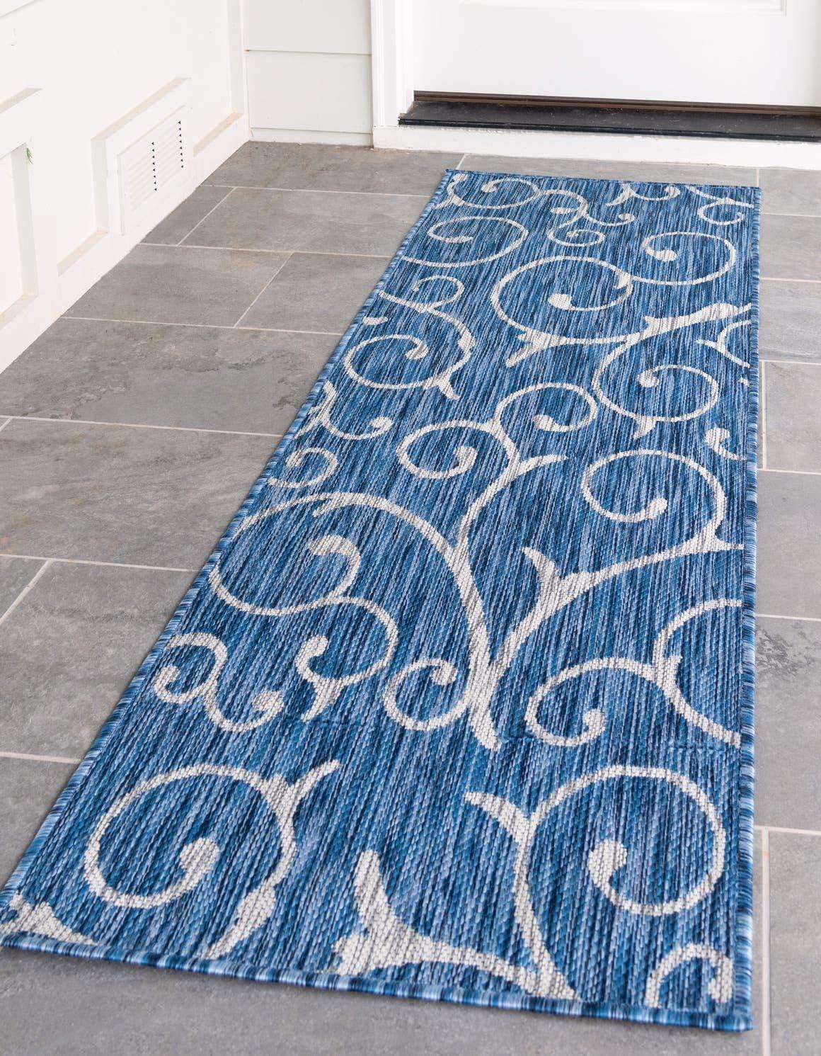 Unique Loom Curl Indoor/Outdoor Botanical Rug Blue/Ivory 2' x 6' 1" Runner Damask Modern Perfect For Patio Deck Garage Entryway