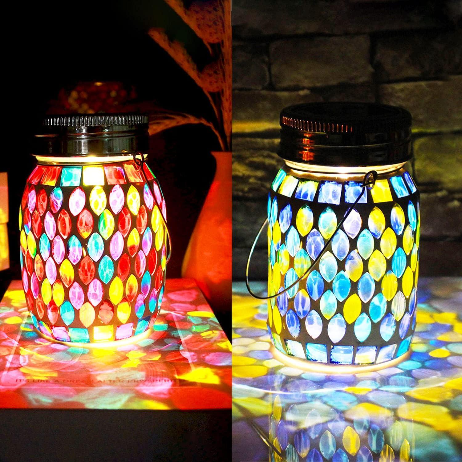 Colorful Mosaic Glass Solar Hanging Lanterns with LED Lights