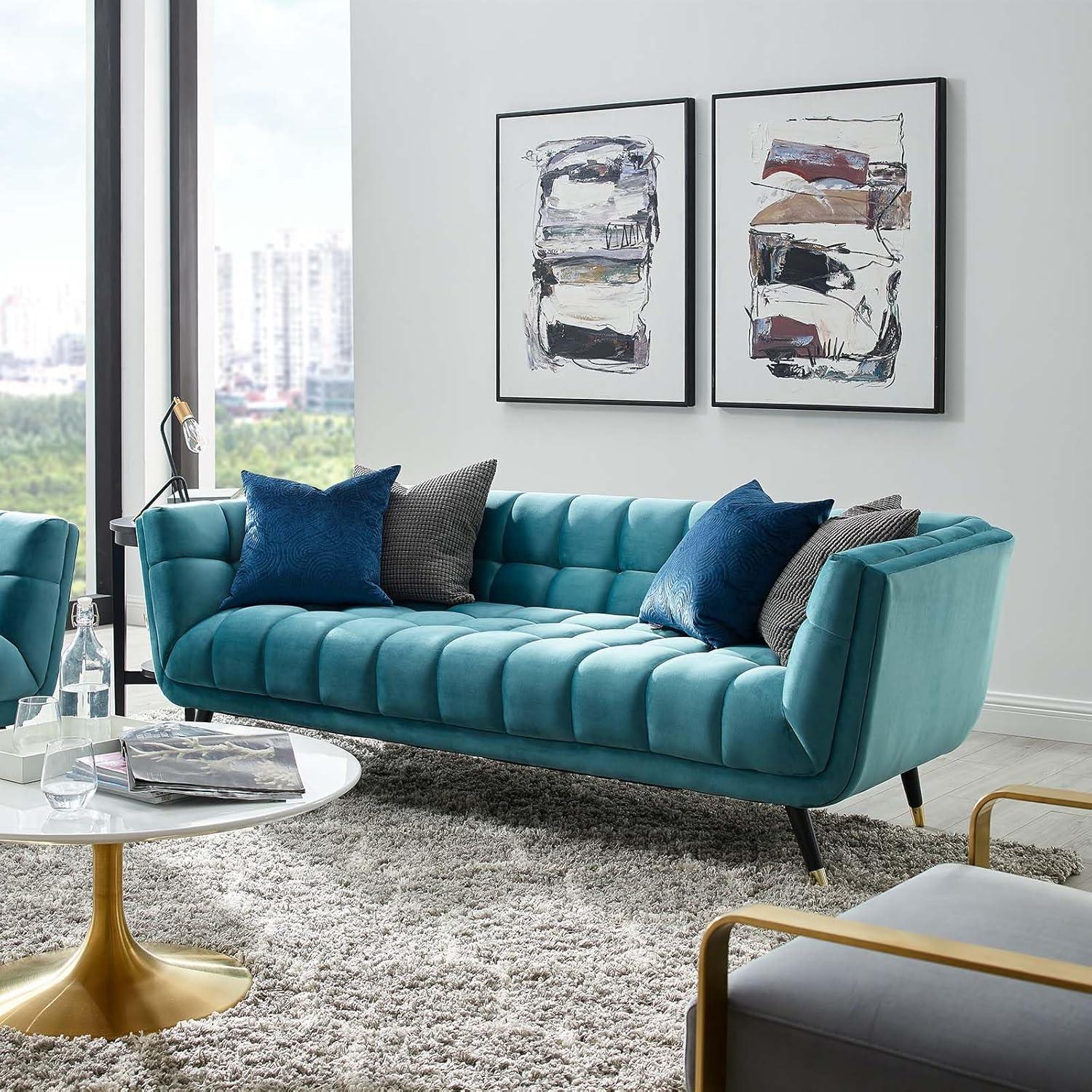 Modern Contemporary Urban Design Living Room Lounge Club Lobby Sofa, Velvet Fabric, Blue