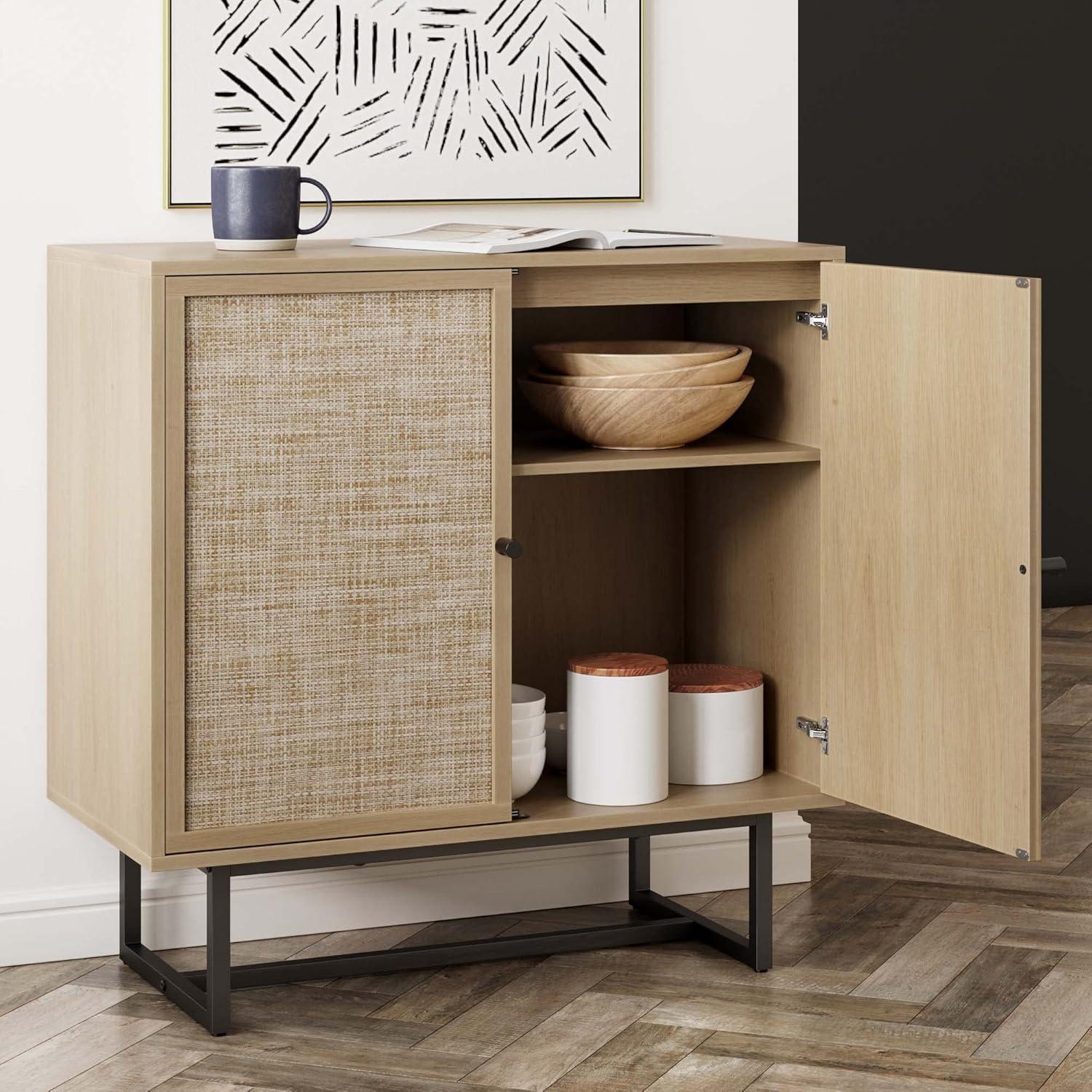 Light Oak and Cane Sideboard with Metal Frame