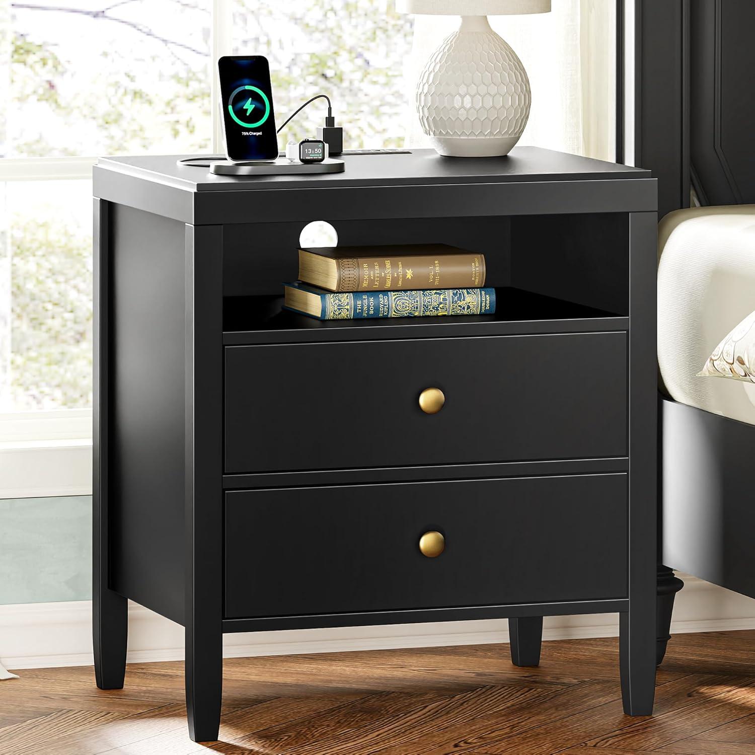 Nightstand with Charging Station, Bedside Table with USB & Type-C Port, Modern End Table with 2 Drawers for Bedroom Furniture, Black