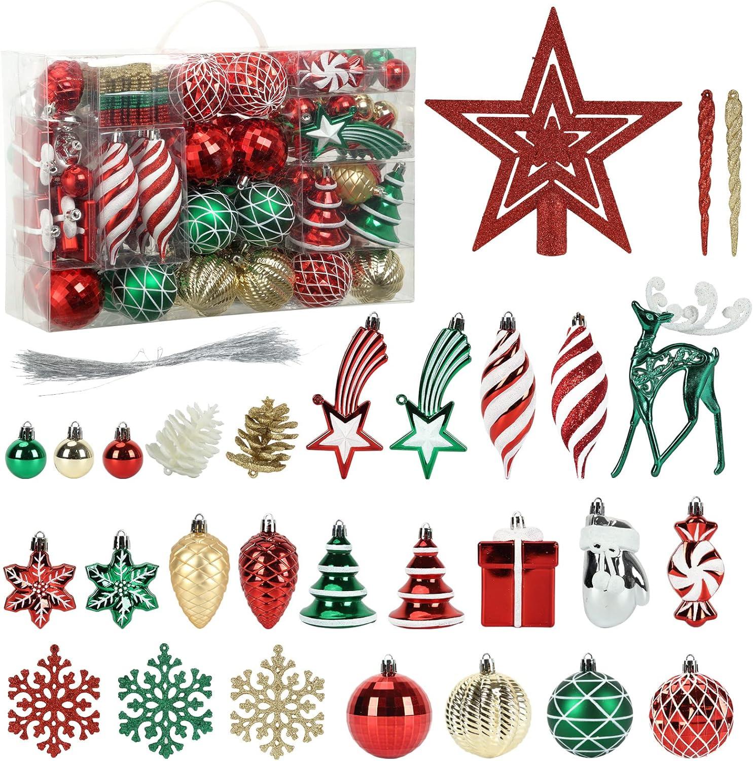 106-Piece Red Green Gold Shatterproof Plastic Christmas Ornament Set