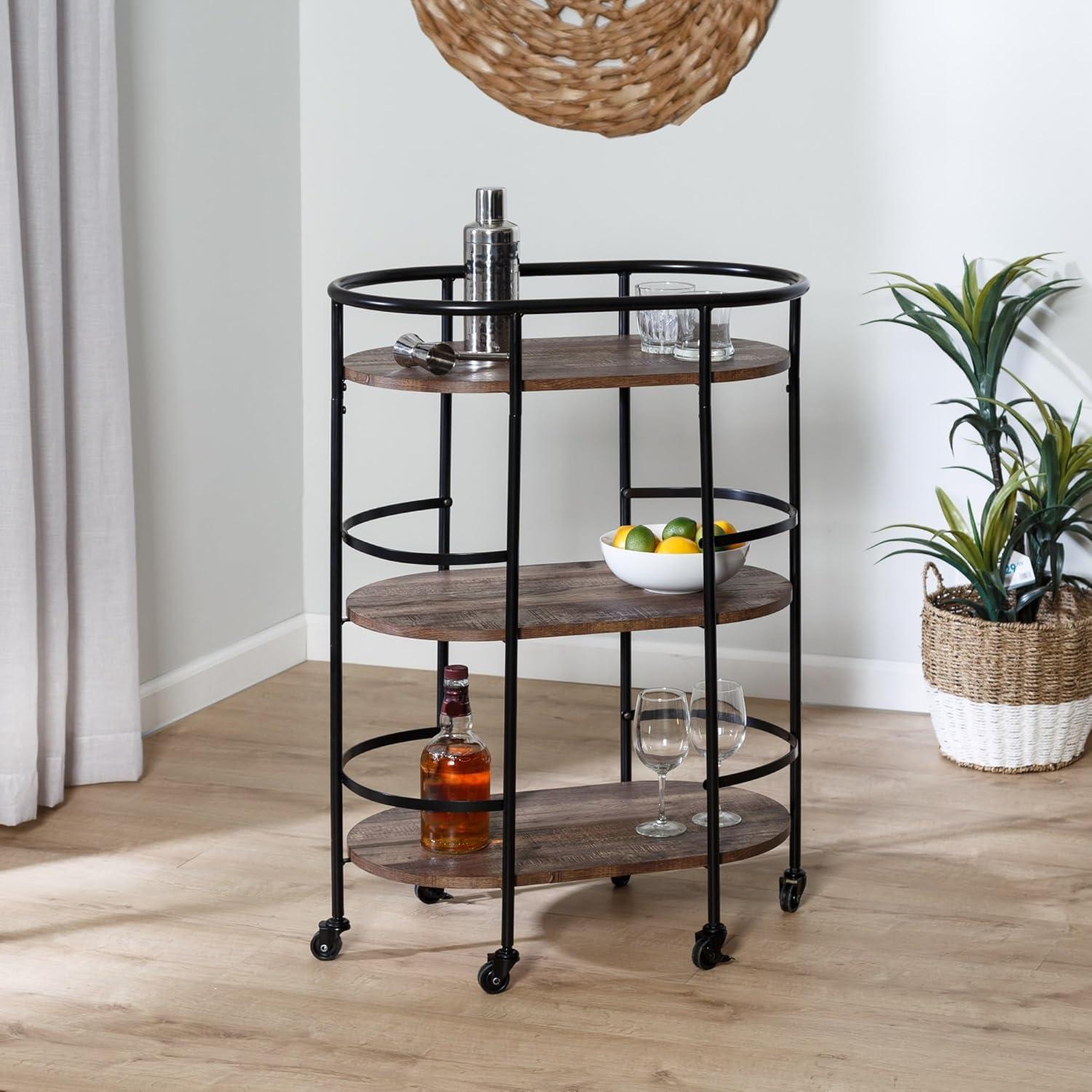 Honey-Can-Do 3 Tier Oval Bar Cart Walnut: Indoor Serving Drink Cart with Steel Frame, Fixed Shelves, 34.8" Height