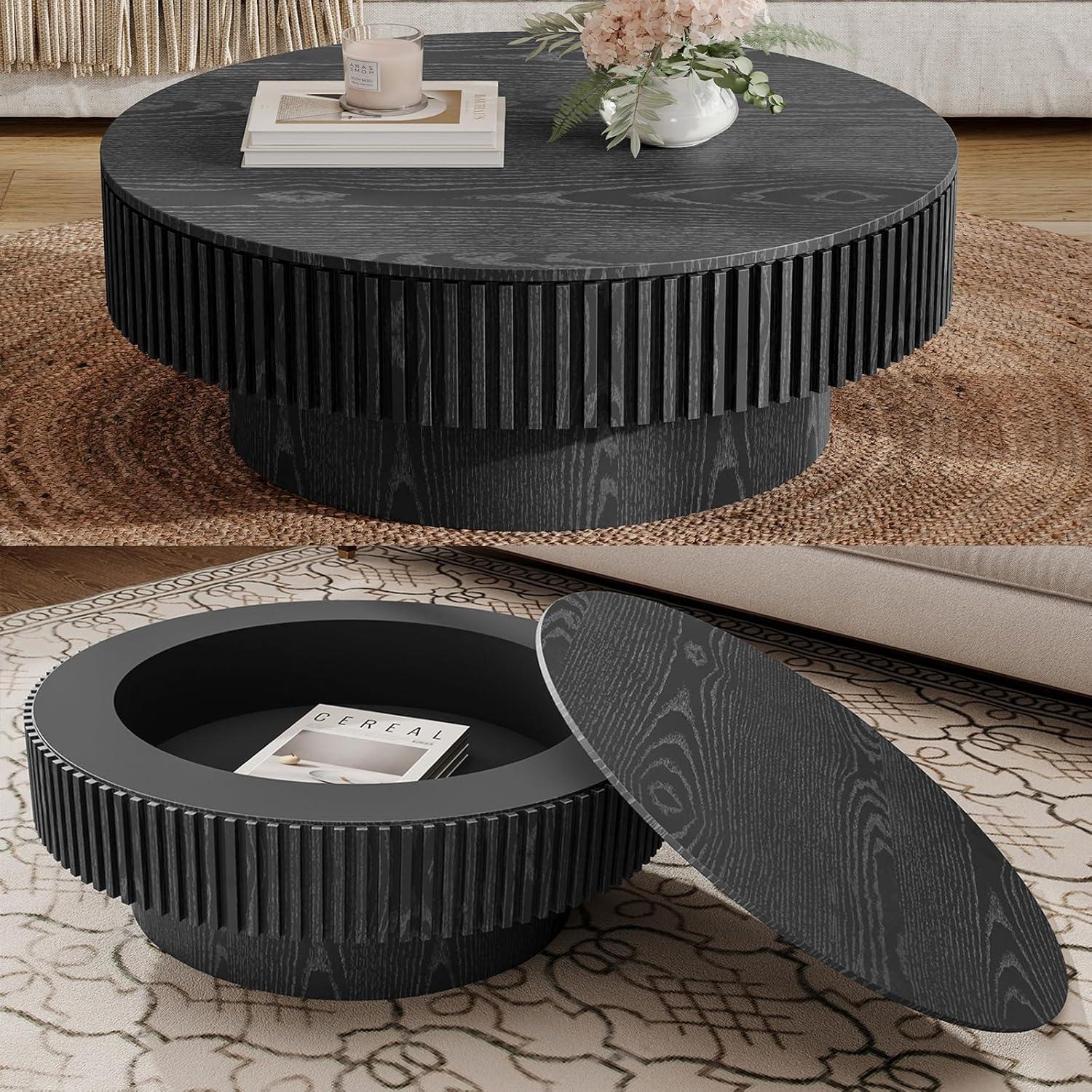 Round Coffee Table with Storage, Modern Wooden Coffee Table with Solid Wood Veneered, 31.5" Small Circle Center Table,Tea Table for Living Room,Home Small Space,Black