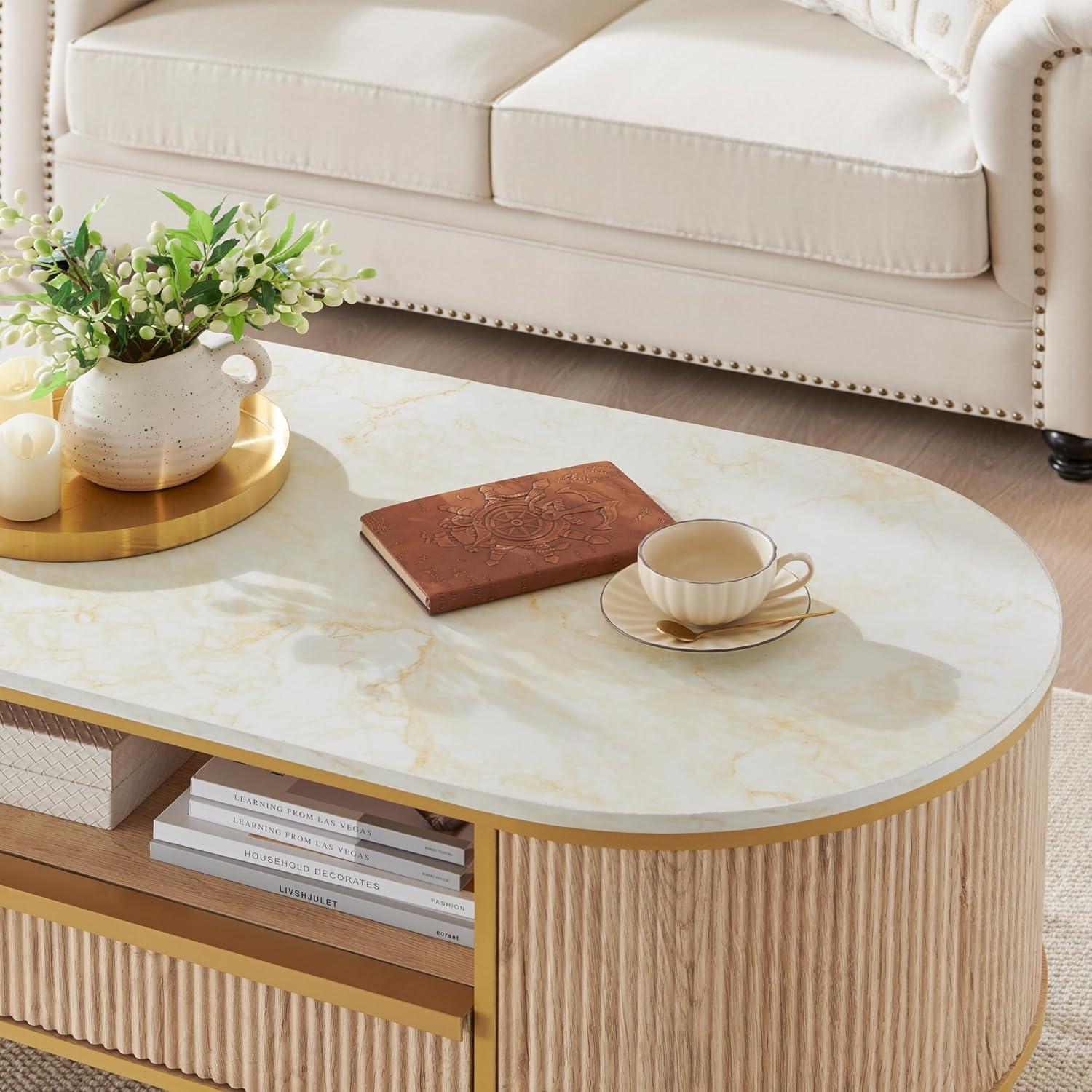Everly Quinn Modern Fluted Coffee Table, 48" Oval Coffee Table with Drawer,Curved Profile Design,Center Table for Living Room