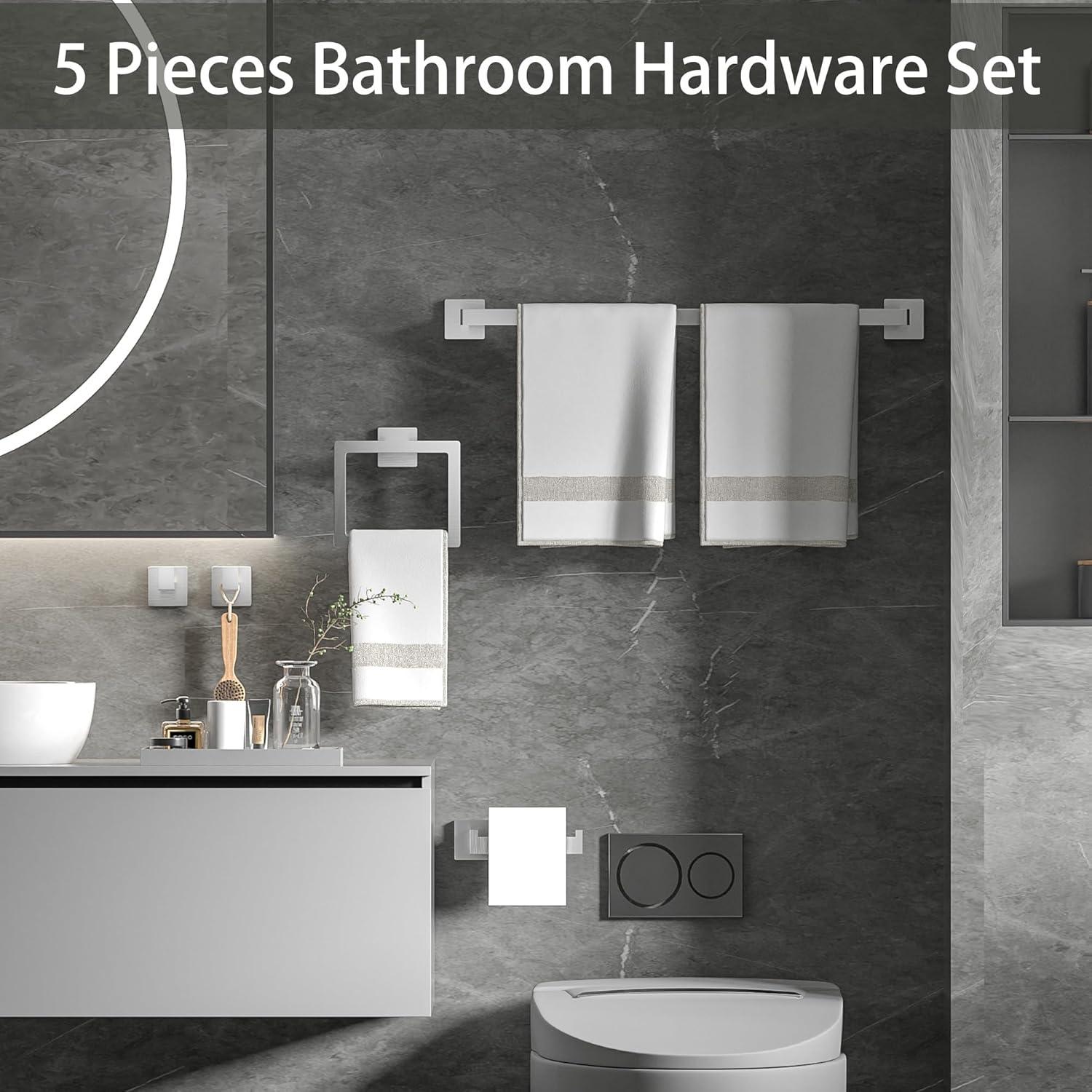 Matte Black Bathroom Hardware Set,5-Piece Towel Racks for Bathroom 23.6" Wall Mount Bathroom Accessories Include Towel Bar,Towel Rack Ring,Toilet Paper Holder,2*Robe Hook