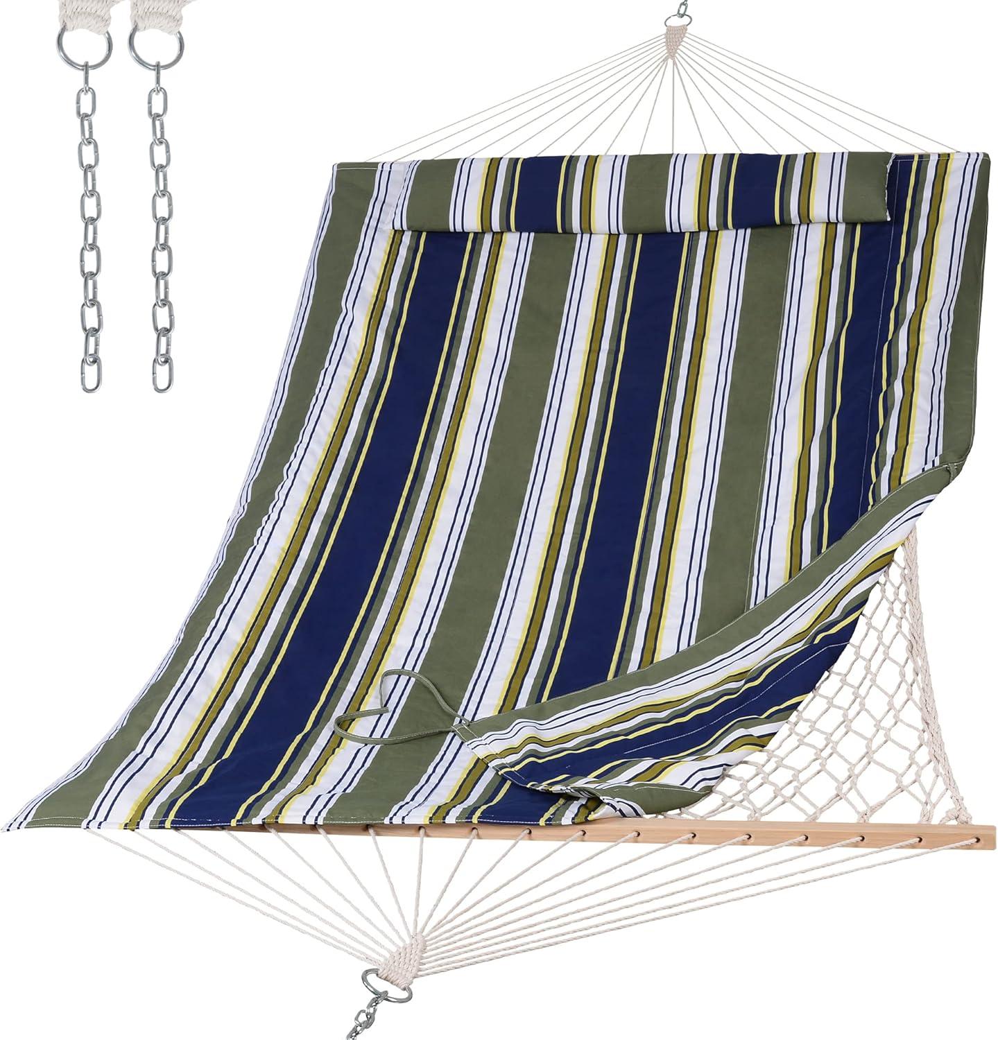 SUNCREAT Hammocks Outdoor Double Hammock with Hardwood Spreader Bar, Cotton Rope Hammock with Polyester Pad, Blue&Aqua