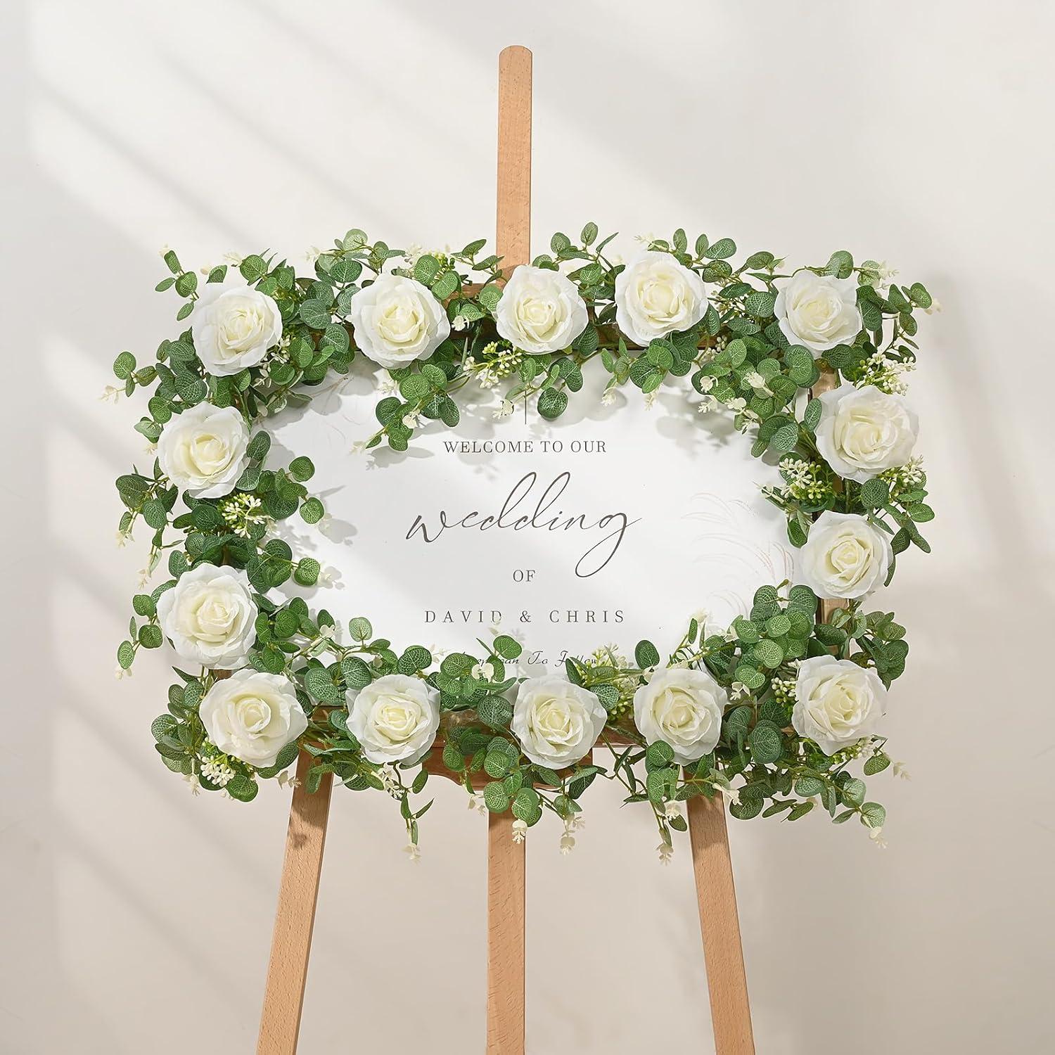 13Ft White Rose and Eucalyptus Artificial Garland Set