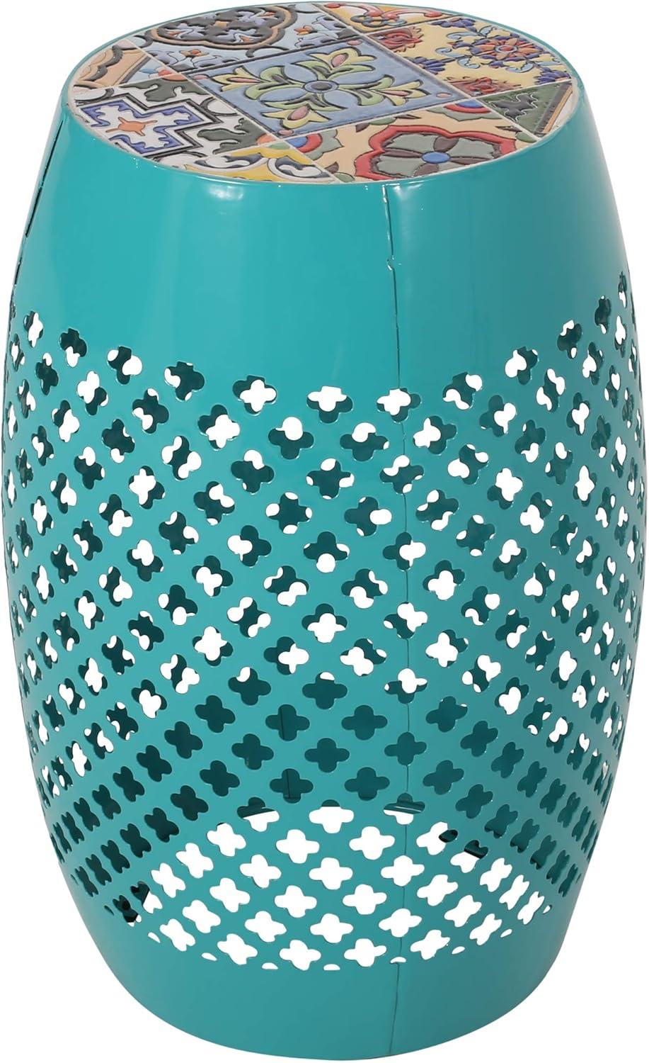 GDF Studio Kalyse Outdoor Lace Cut Side Table with Tile Top, Dark Blue and Multicolored