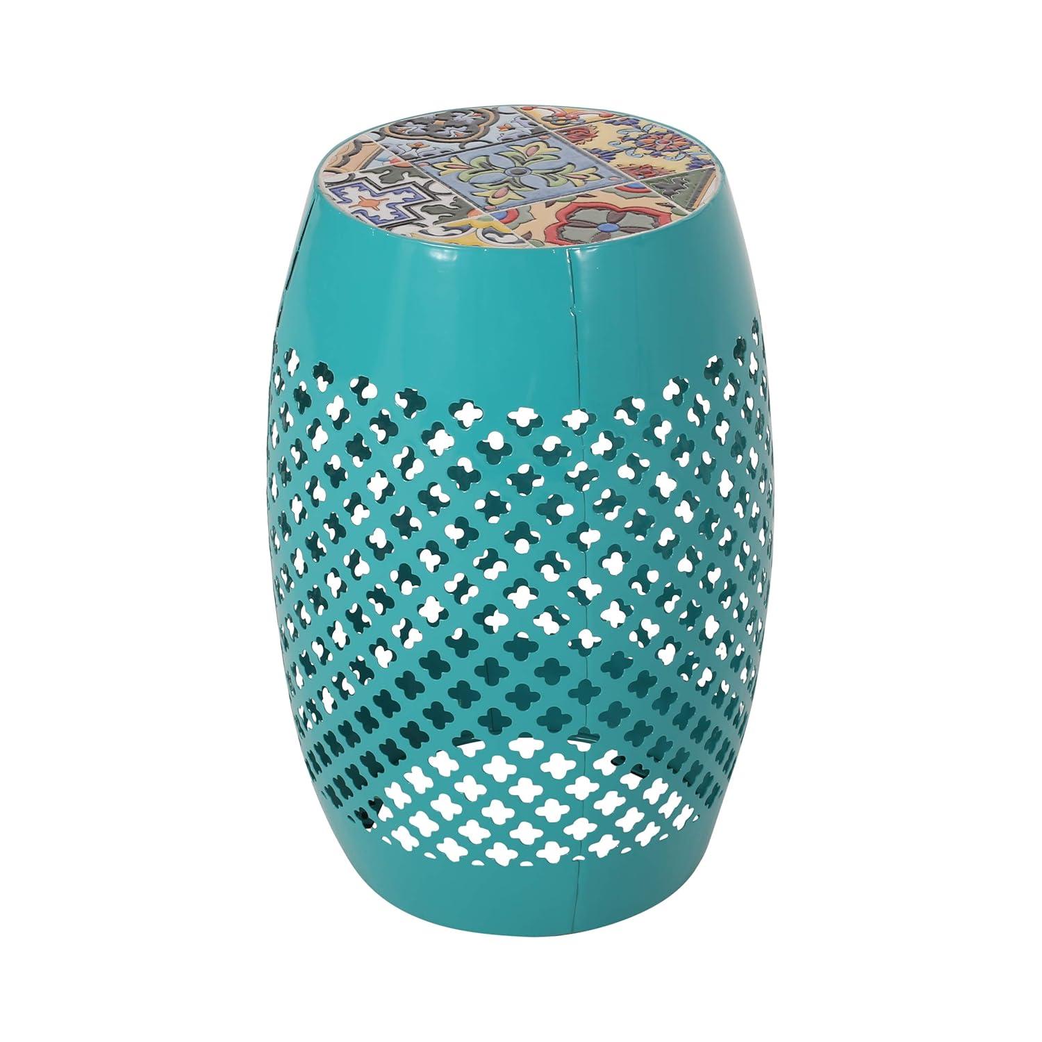 GDF Studio Kalyse Outdoor Lace Cut Side Table with Tile Top, Dark Blue and Multicolored