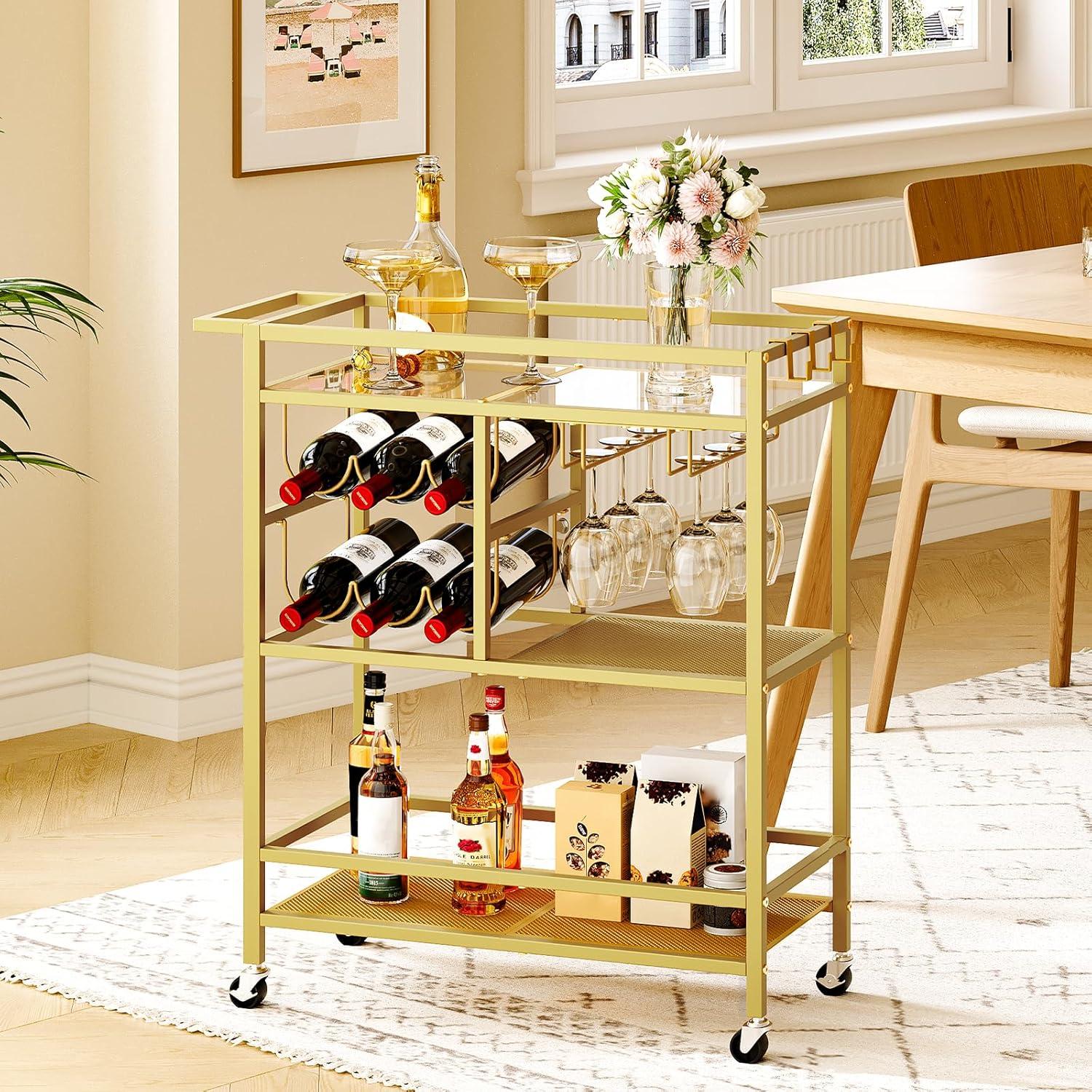 Bar Cart for Home, 3-Tier Serving Cart with Wheels and Handle, Beverage Cart with Wine Rack and Glass Holders, Rolling Wine Cart for Kitchen, Dining Room, Gold RCJ61B01