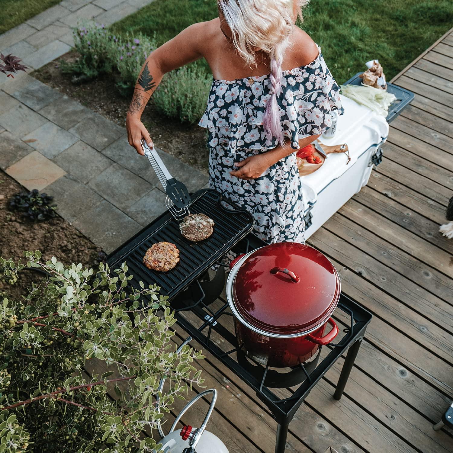 GasOne Propane Two Burner Camp Stove Outdoor High Pressure Propane 2 Burner Adjustable PSI Regulator and 4ft Steel Braided Hose With Removable Legs