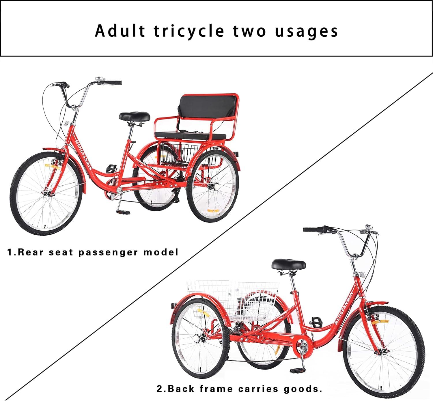 Adult Tricycle 7 Speed, 24 Inch 3 Wheel Bikes Extended Rear wheelbase Tricycle Wheel Bike w/Rear Basket for Women/Children Seniors Maximum Load 550lbs