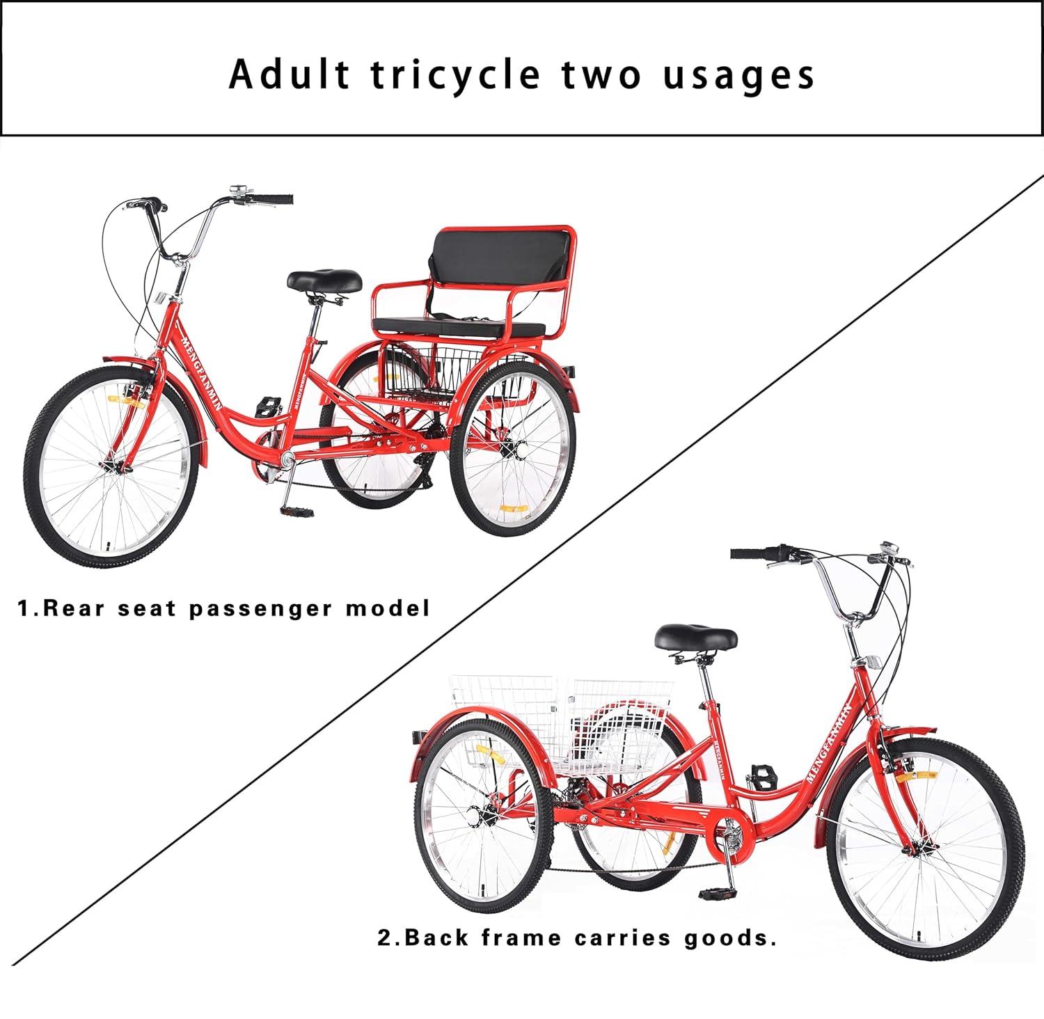 Adult Tricycle 7 Speed, 24 Inch 3 Wheel Bikes Extended Rear wheelbase Tricycle Wheel Bike w/Rear Basket for Women/Children Seniors Maximum Load 550lbs