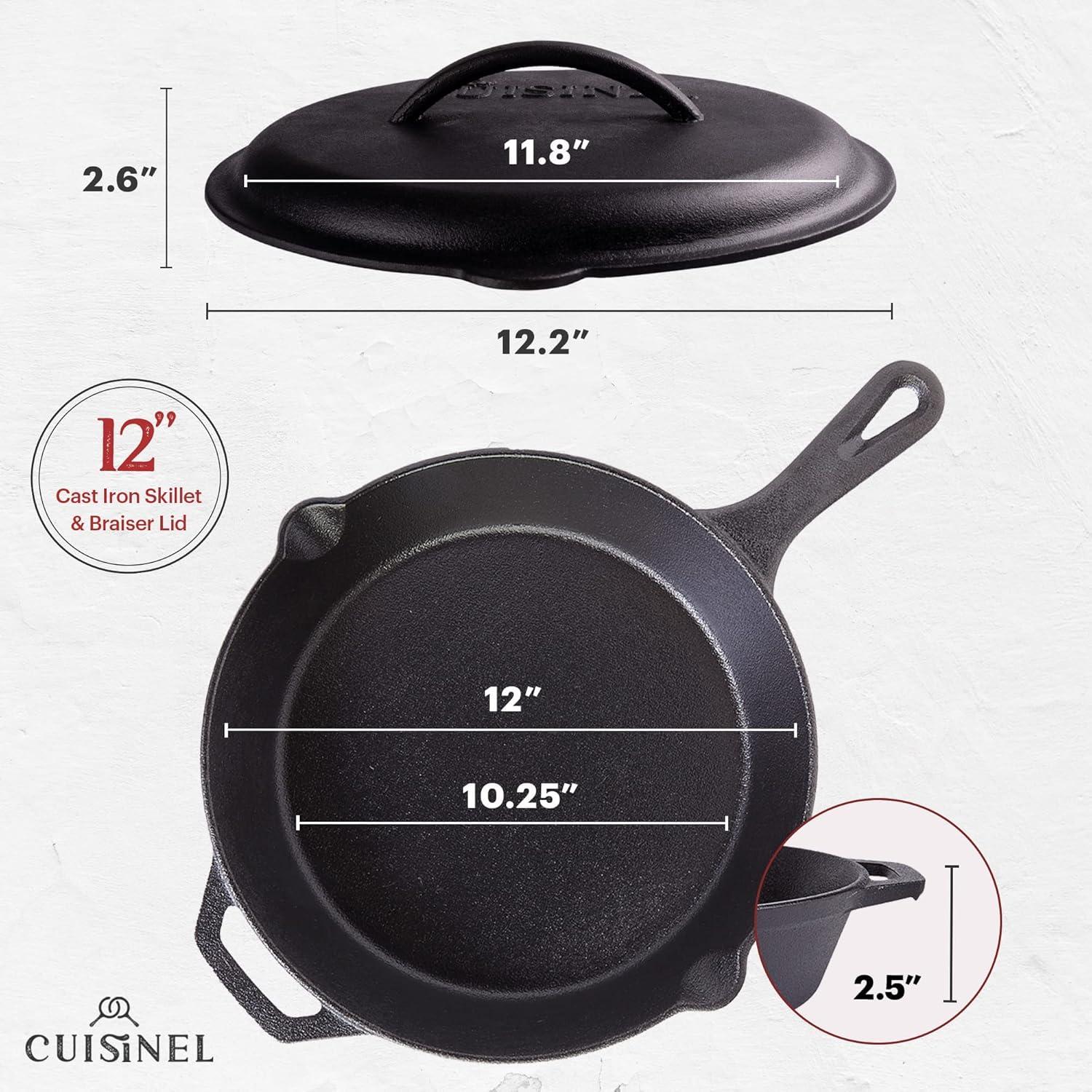 Cuisinel Cast Iron Skillet with Lid - 12"-inch Pre-Seasoned Covered Frying Pan Set + Silicone Handle & Lid Holders + Scraper/Cleaner