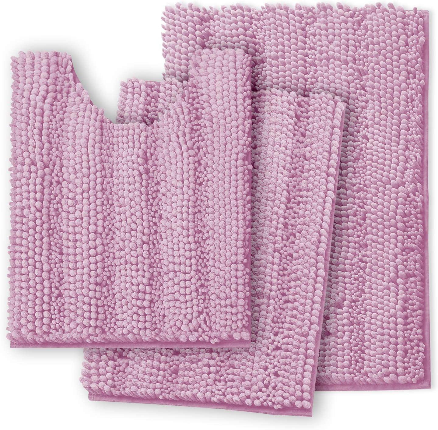 Hearth & Harbor 3 Piece Striped Bathroom Rug set, Ultra Soft Chenille Bathroom Rugs - Lilac