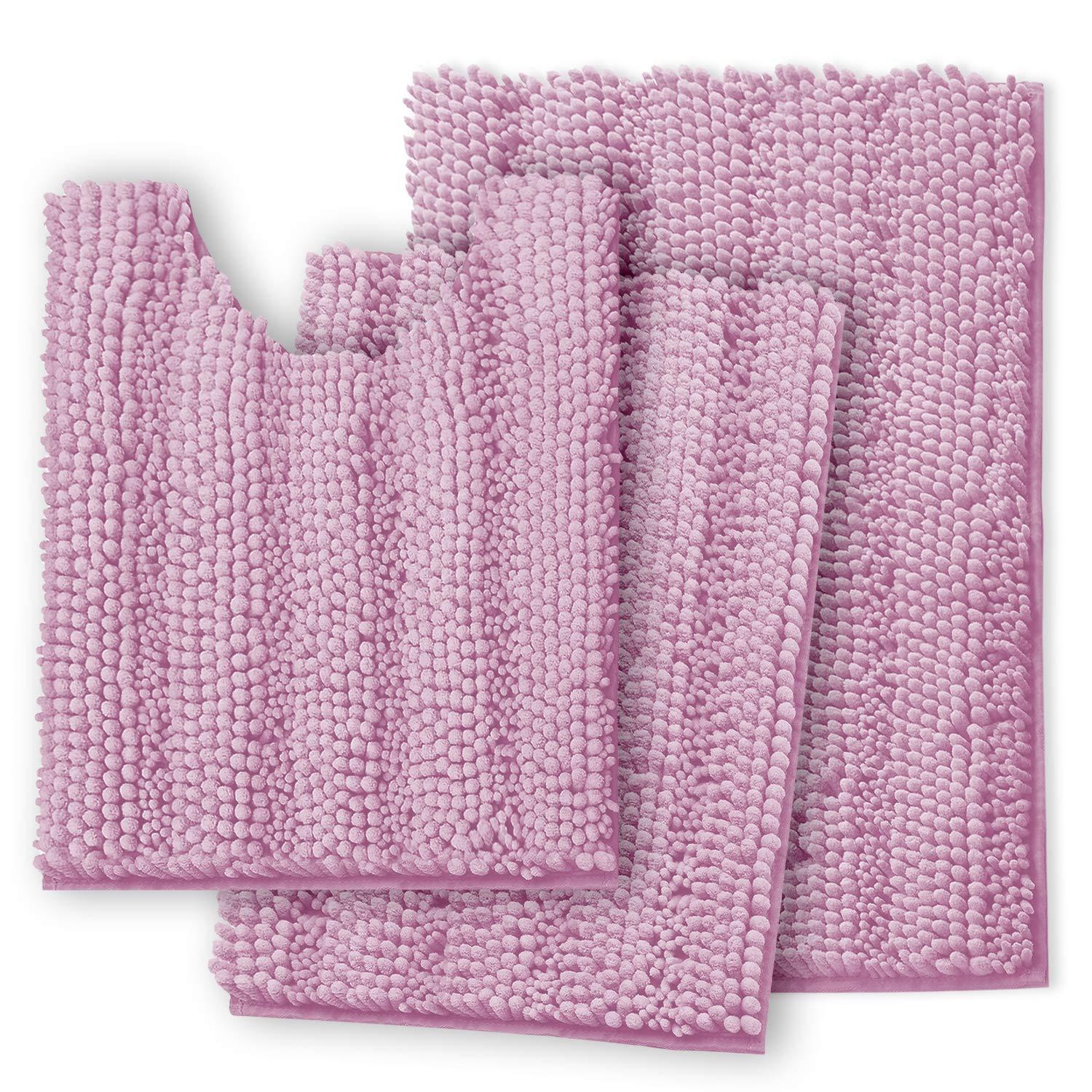 Hearth & Harbor 3 Piece Striped Bathroom Rug set, Ultra Soft Chenille Bathroom Rugs - Lilac