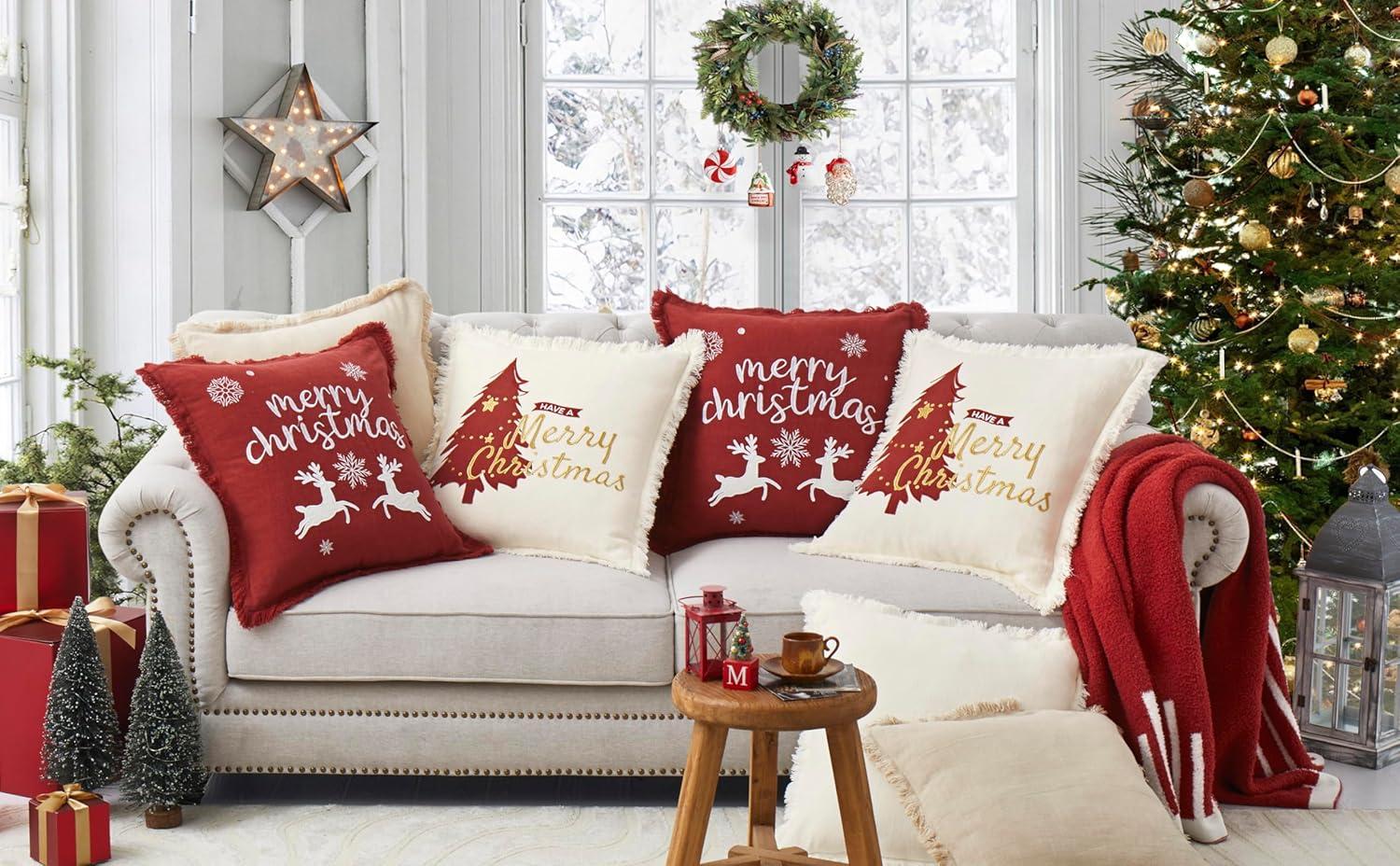 Christmas Pillow Covers 12X20 Set Of 2 - Xmas Decorative Farmhouse Linen Throw Pillow Cases Holiday Sofa Couch Cushion Covers Merry Christmas