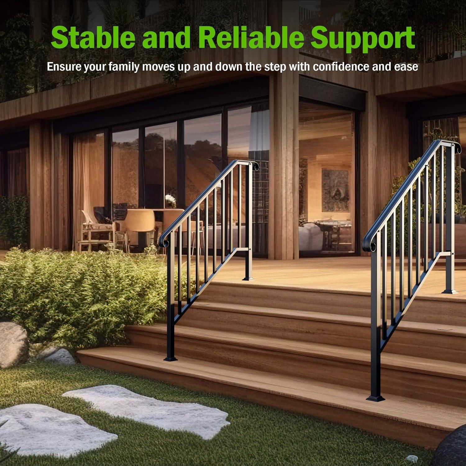 HLL Handrails for Outdoor Steps, Black Wrought Iron Handrail Fits 4 or 5 Steps, Transitional Handrail with Installation Kit, Stair Railing for Concrete Steps or Wooden Stairs