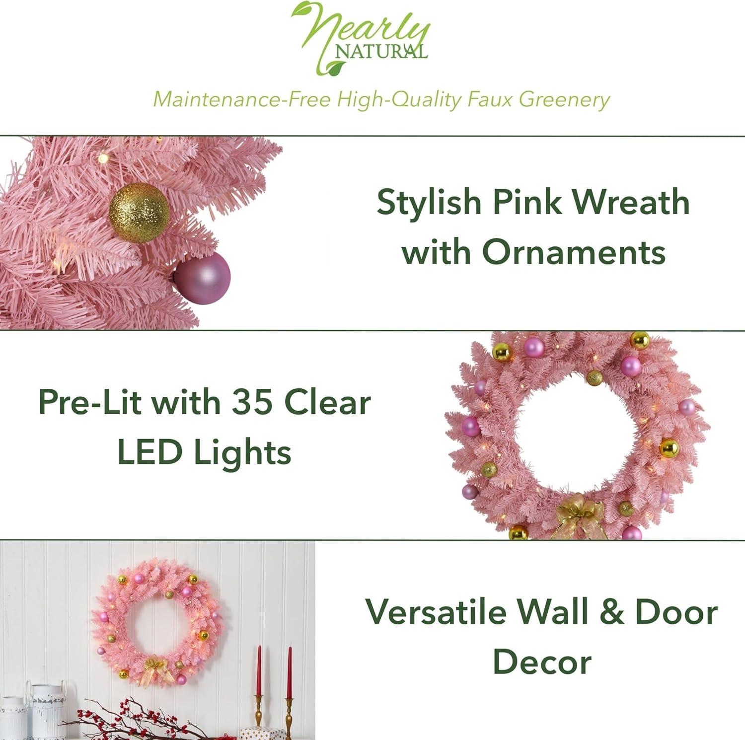 Nearly Natural 24" Pre-lit LED Pine Artificial Christmas Wreath Pink with Warm White Lights