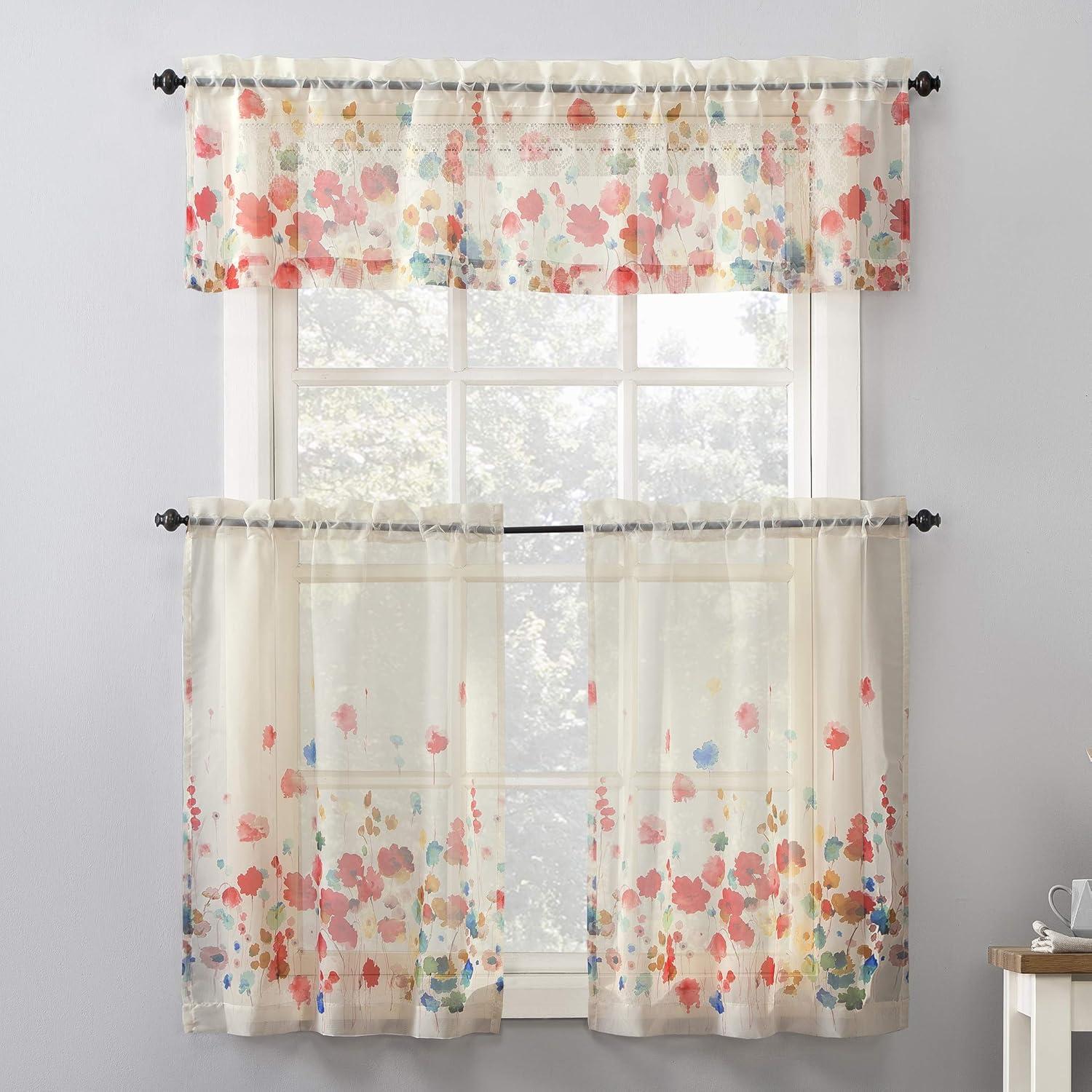 Rosalind Watercolor Floral Semi-Sheer Rod Pocket Kitchen Curtain Valance and Tiers Set Poppy Red - No. 918