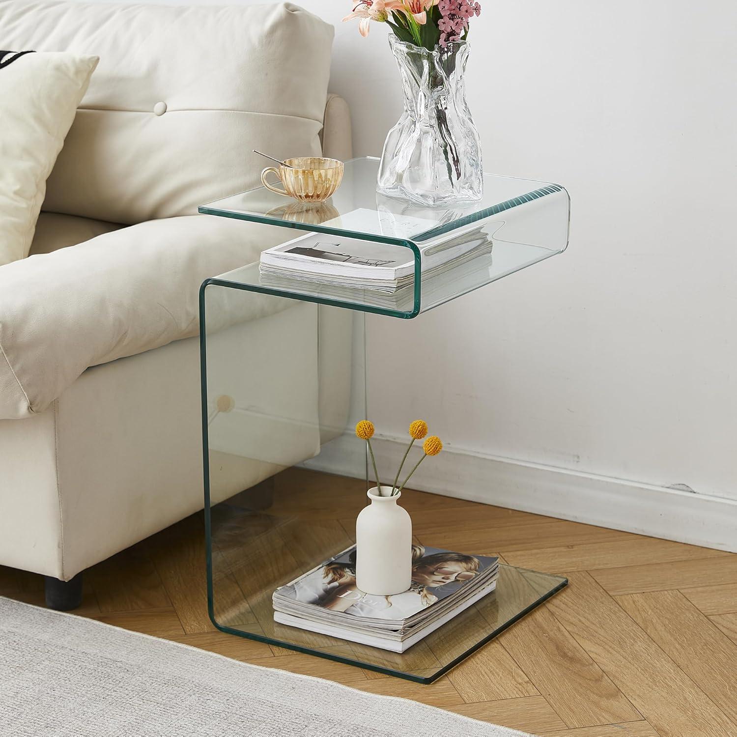 Glass Nightstand End Table, Clear S shape Side Tables Small Glass Tables for Living Room or Bedroom Chlorene