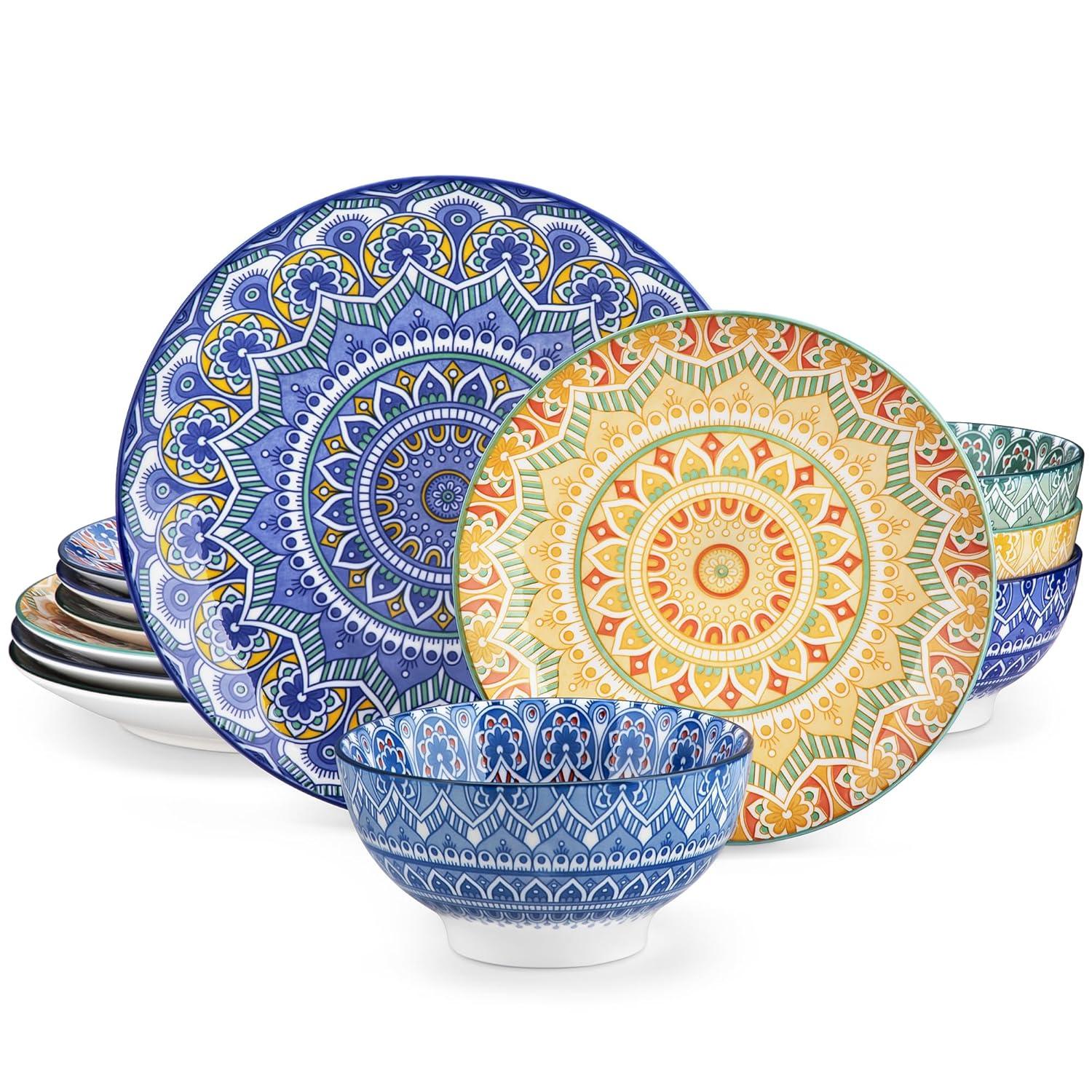 vancasso Mandala 12 Pieces Dinnerware Sets, Porcelain Dinner Set for 4, Boho Plates and Bowls Set, Colorful Dish Sets