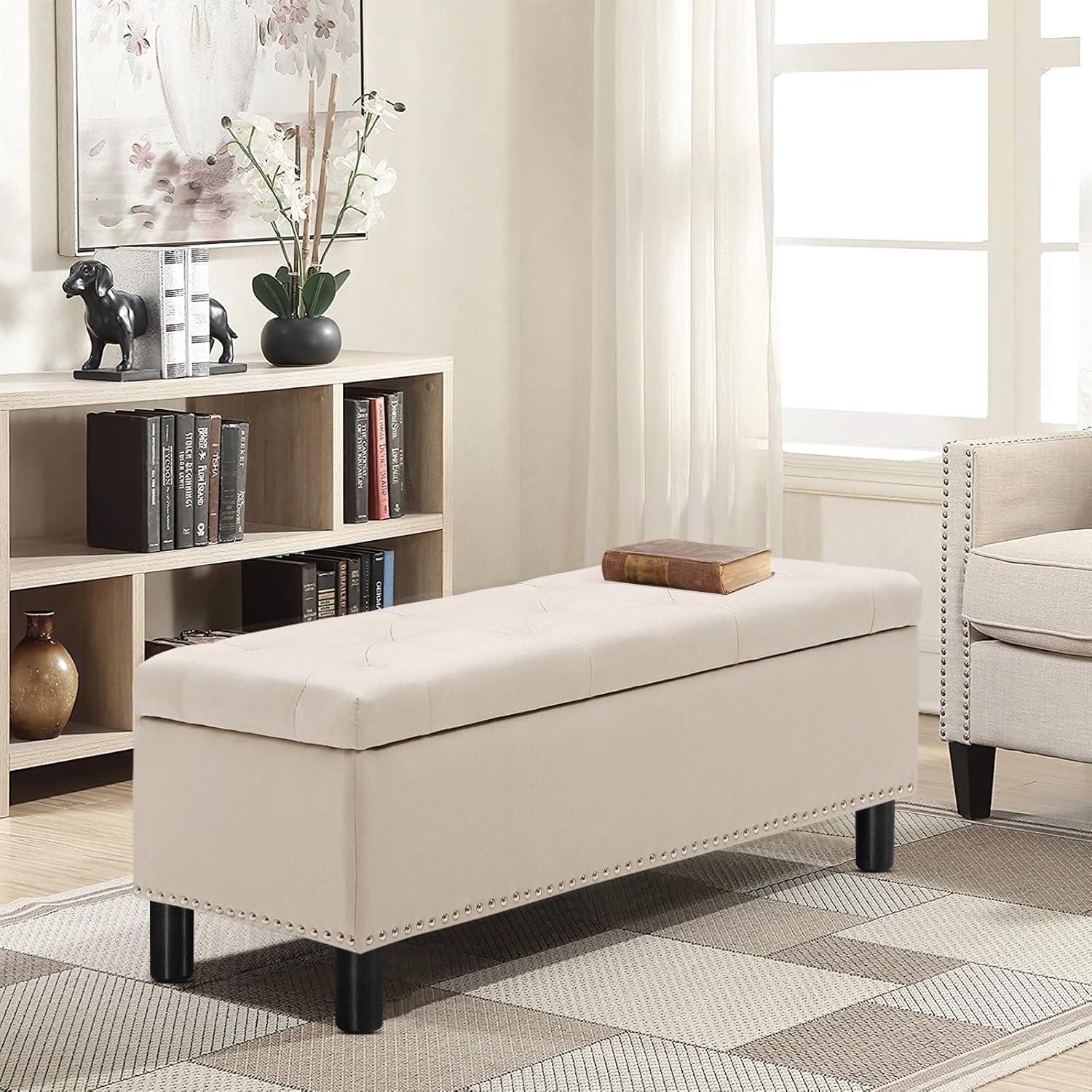 Beige Linen Rectangular Storage Ottoman with Wood Legs