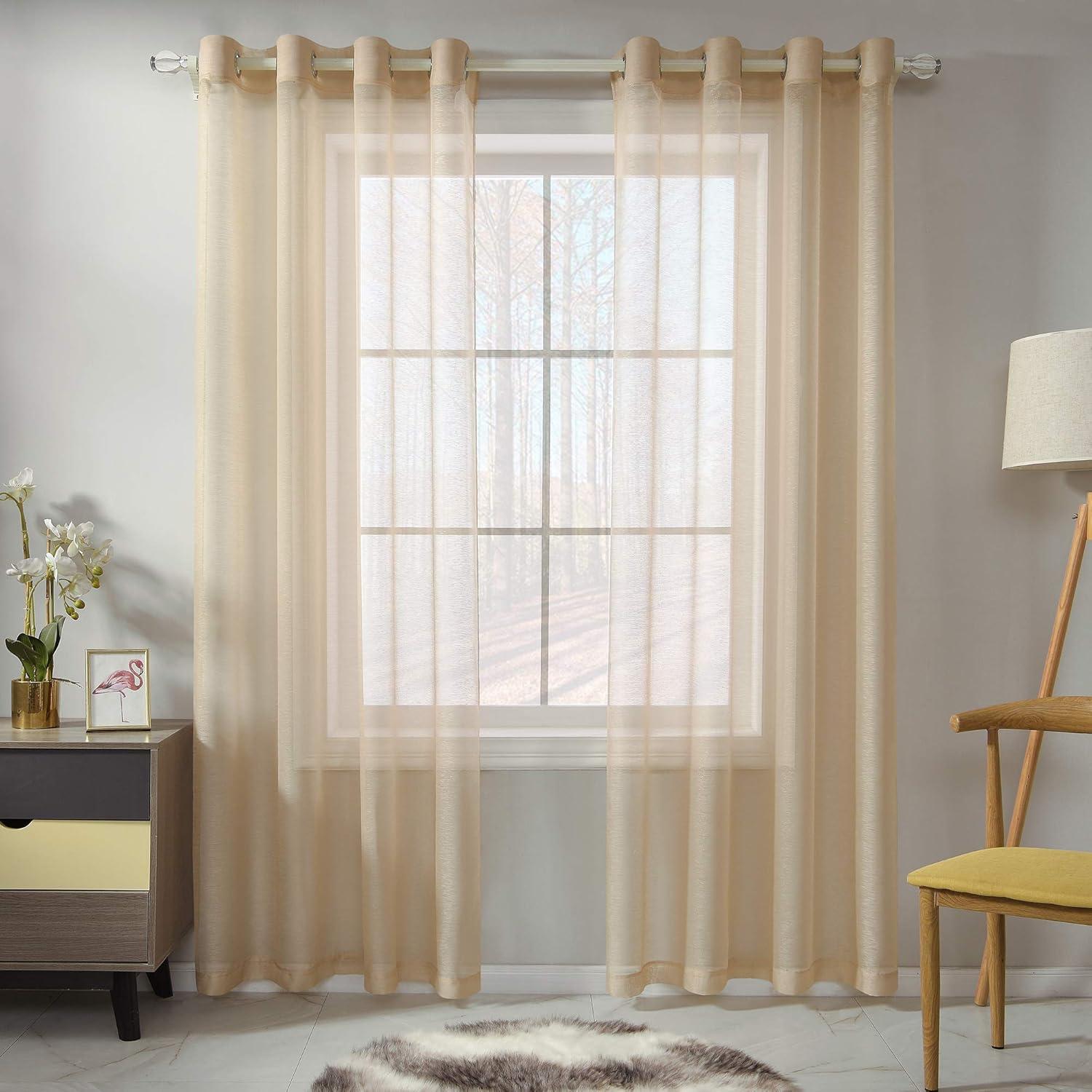 Beige Faux Linen Sheer Grommet Window Panels 84"