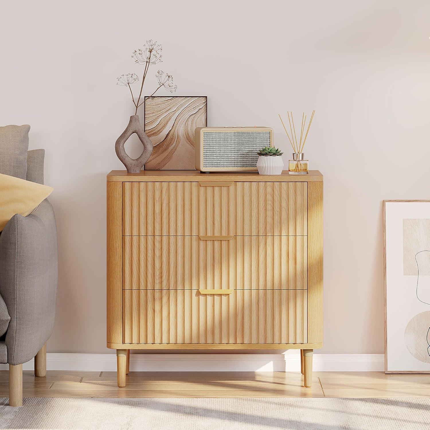 DWVO 3 Drawer Dresser, 32 inch Tall and Wider Modern Closet Dressers Chest of Drawers with Waveform Fluted Panel, Wood Storage Dresser Organizer for Dorms, Flats, Living Rooms, Hallways, Natural Oak