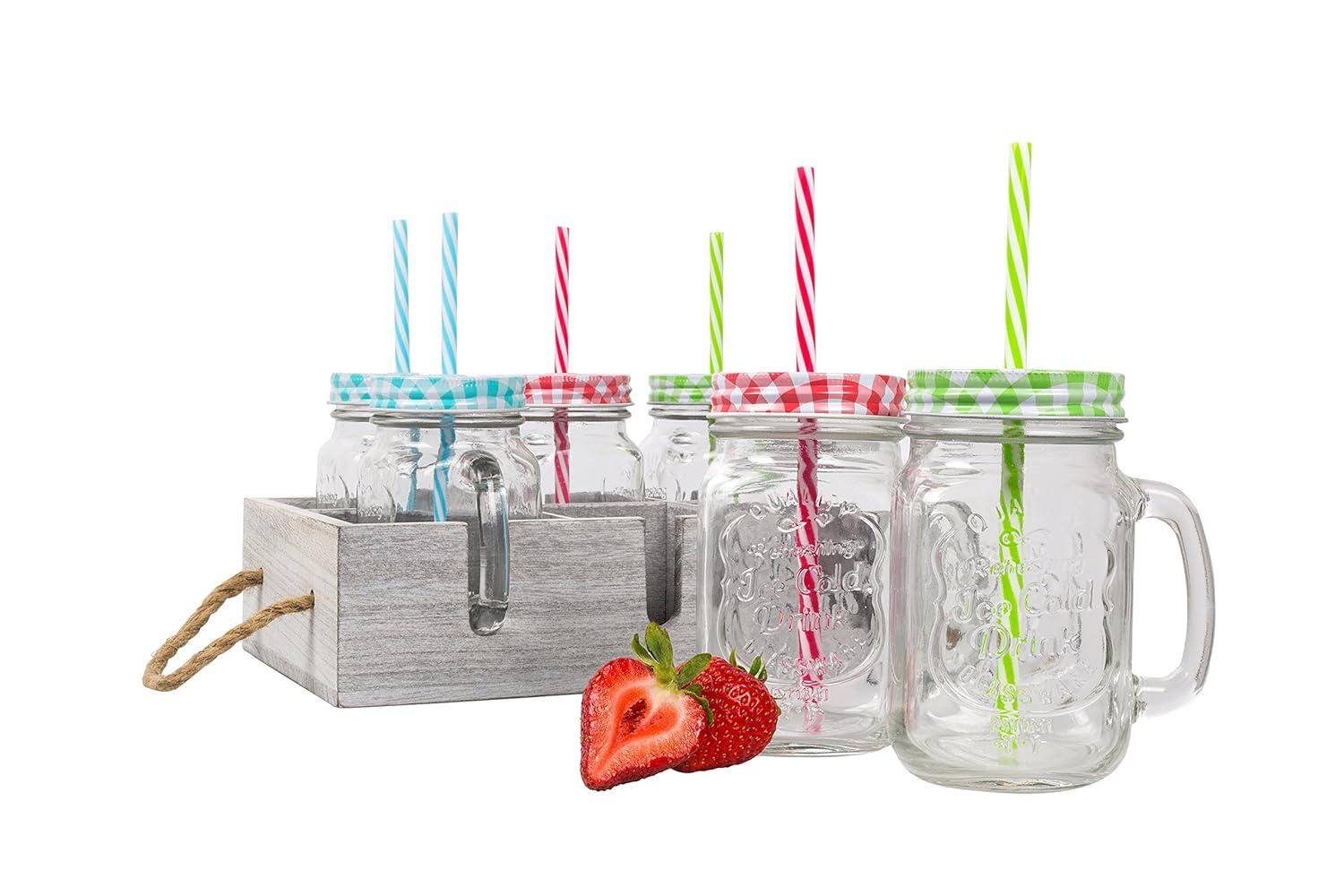 Deco Glass Drinking Mason Jar Cups with Handle & Wooden Carrier with Reusable Straws  Lids & Handles Set of 6  16oz