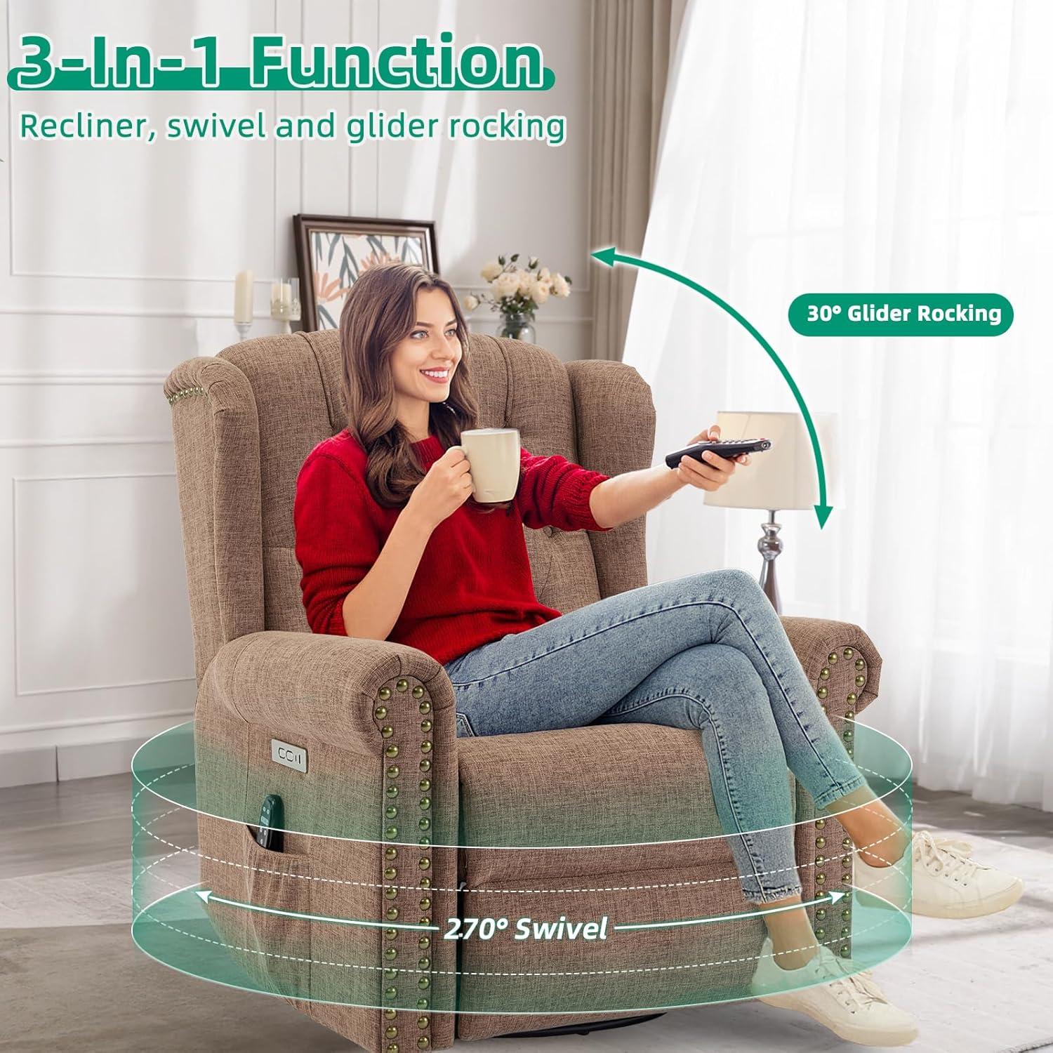 MEETWARM Meetwarm Power Swivel Rocking Glider Recliner Chair With Heat And Vibration, Electric Rocker Nursery Reclining Chair, Wingback Tufted Upholstered Recliner For Living Room, Type-C & Usb Ports