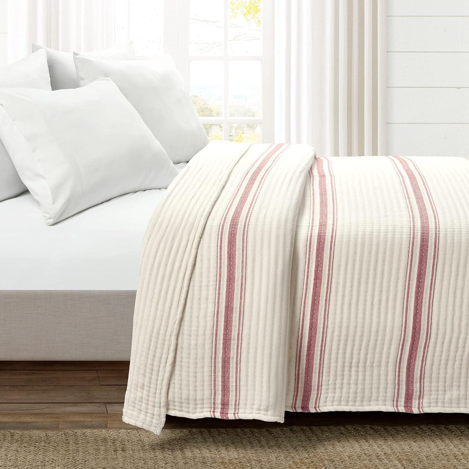 Lush Décor Full/Queen Farmhouse Stripe Kantha Pick Stitch Yarn Dyed Cotton Woven Single Quilt/Coverlet Red: Reversible, OEKO-TEX Certified