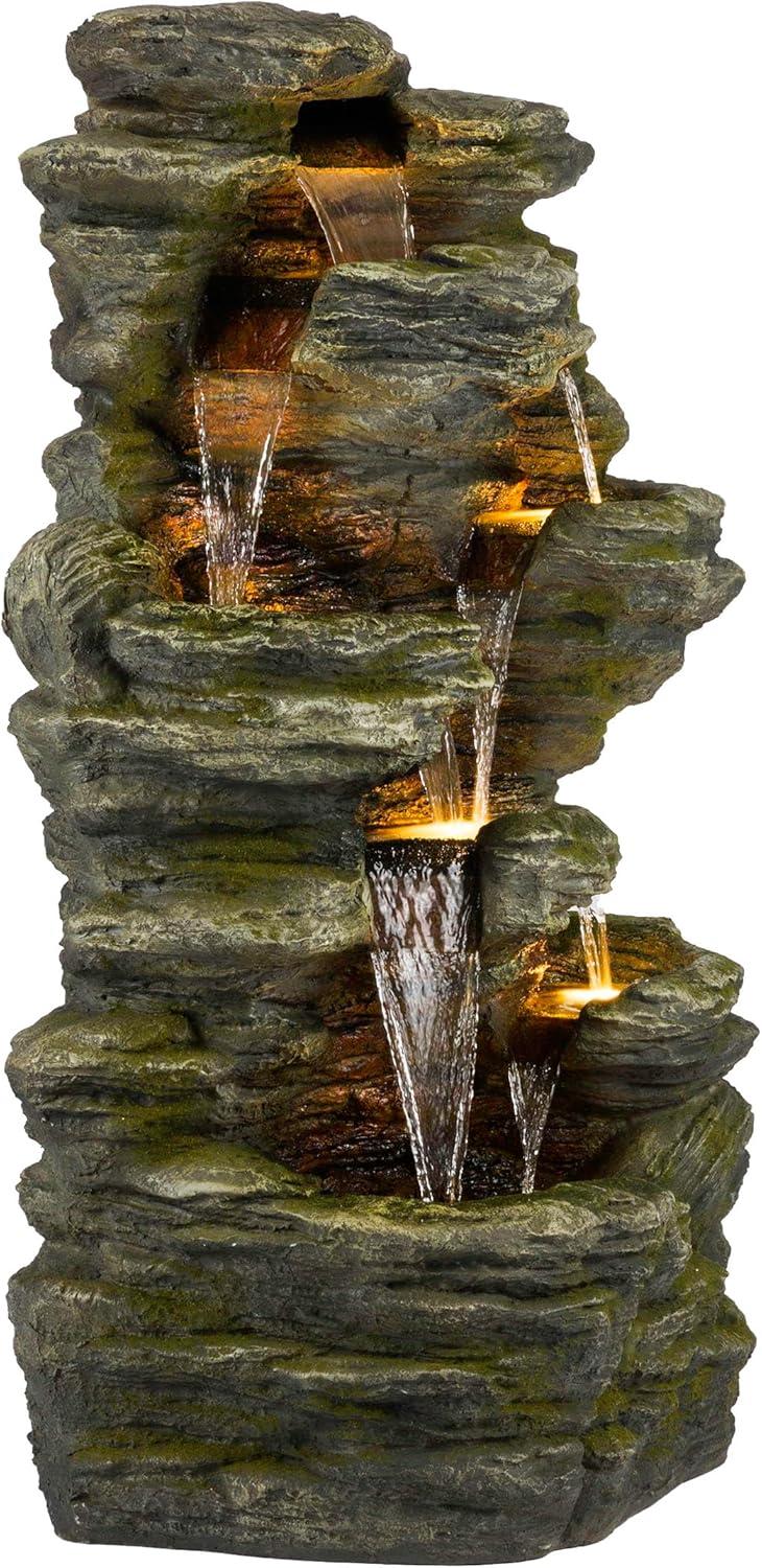 51" Resin Rock Cascading Fountain with LED Lights Gray - Alpine Corporation: Waterfall Feature, Birdbath