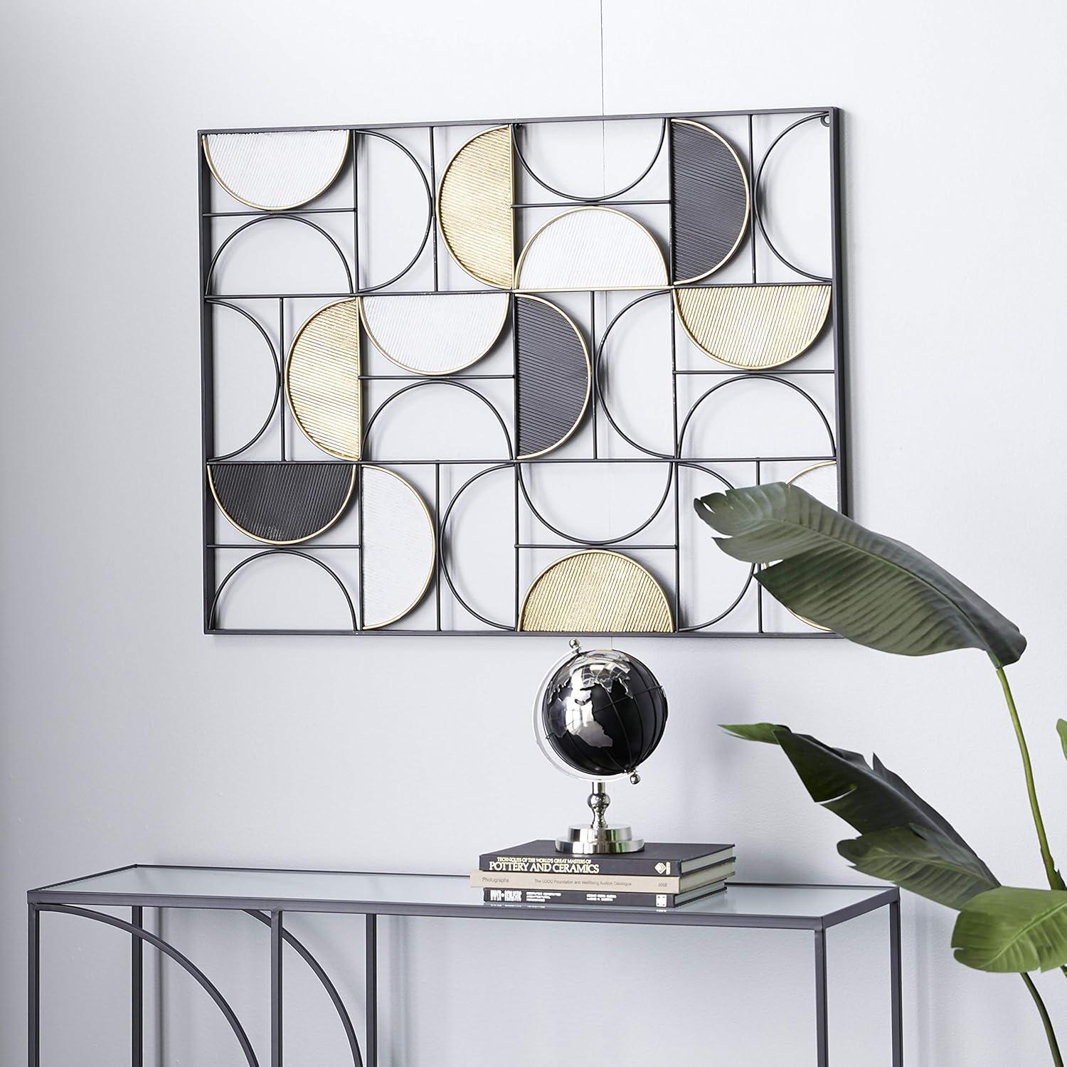 DecMode Black Metal Half Moon Geometric Wall Decor with Gold Detailing