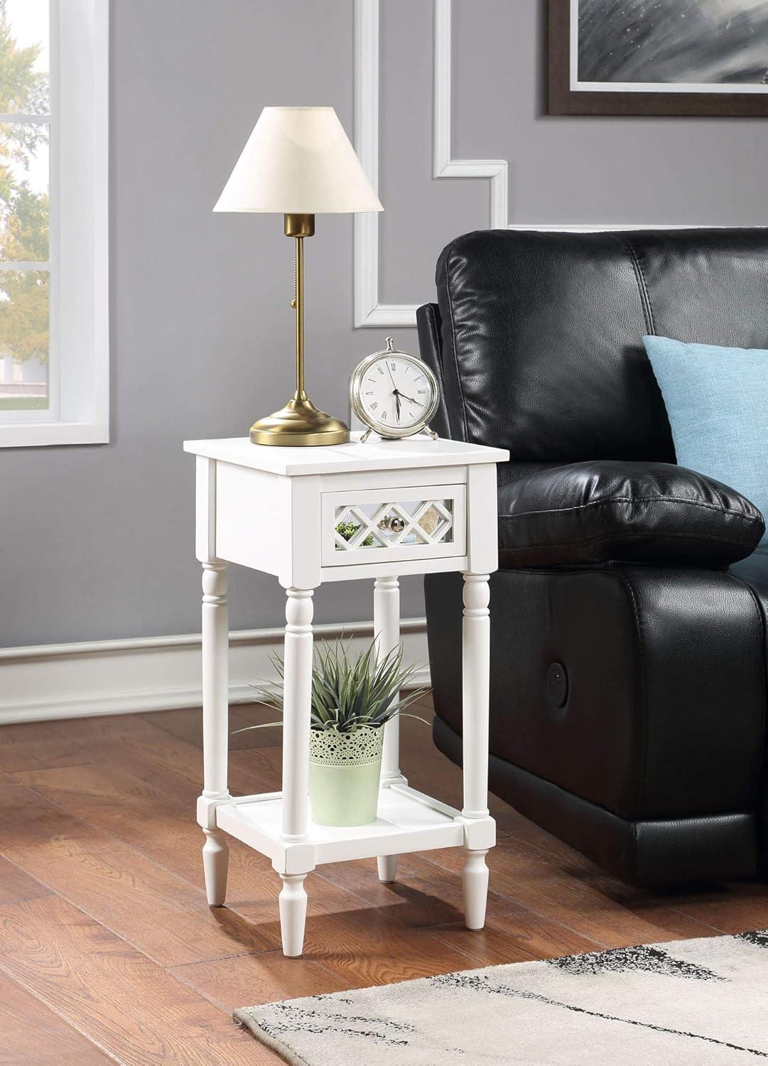 Convenience Concepts French Country Khloe Deluxe 1 Drawer Accent End Table 14" - Traditional Farmhouse Side Table with Mirrored Storage Drawer and Shelf for Living Room, White
