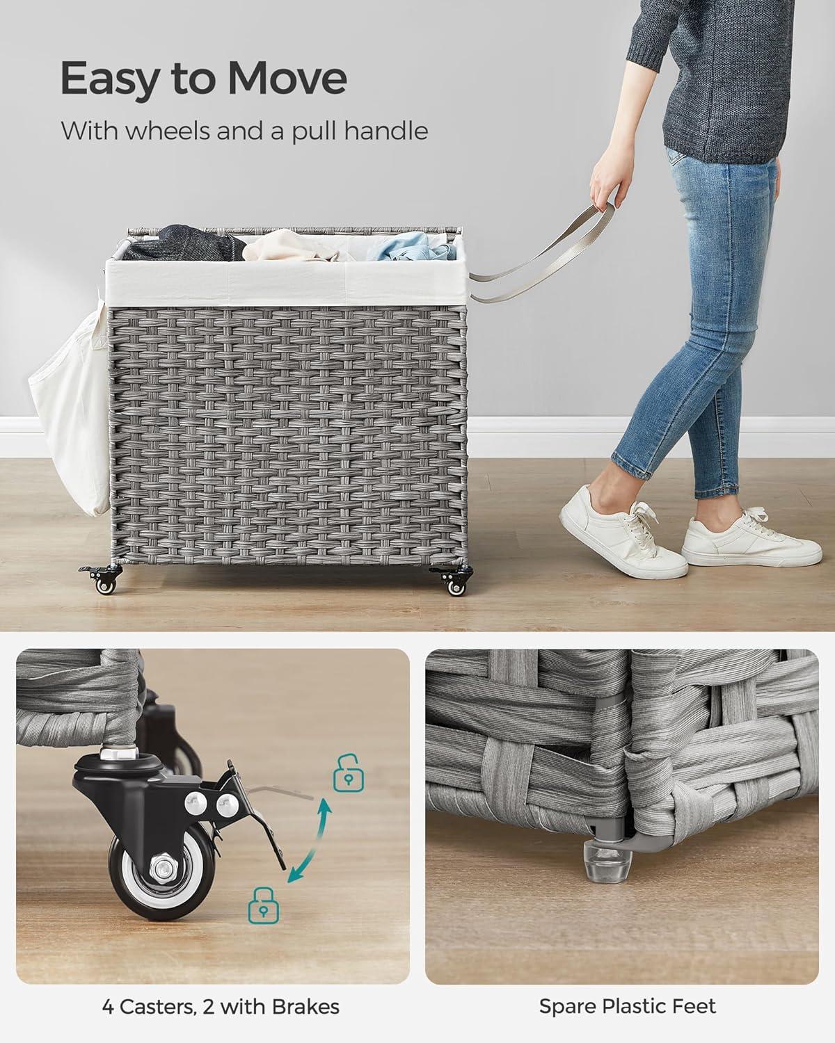 Gray Collapsible Rattan Laundry Hamper with Wheels and Lid