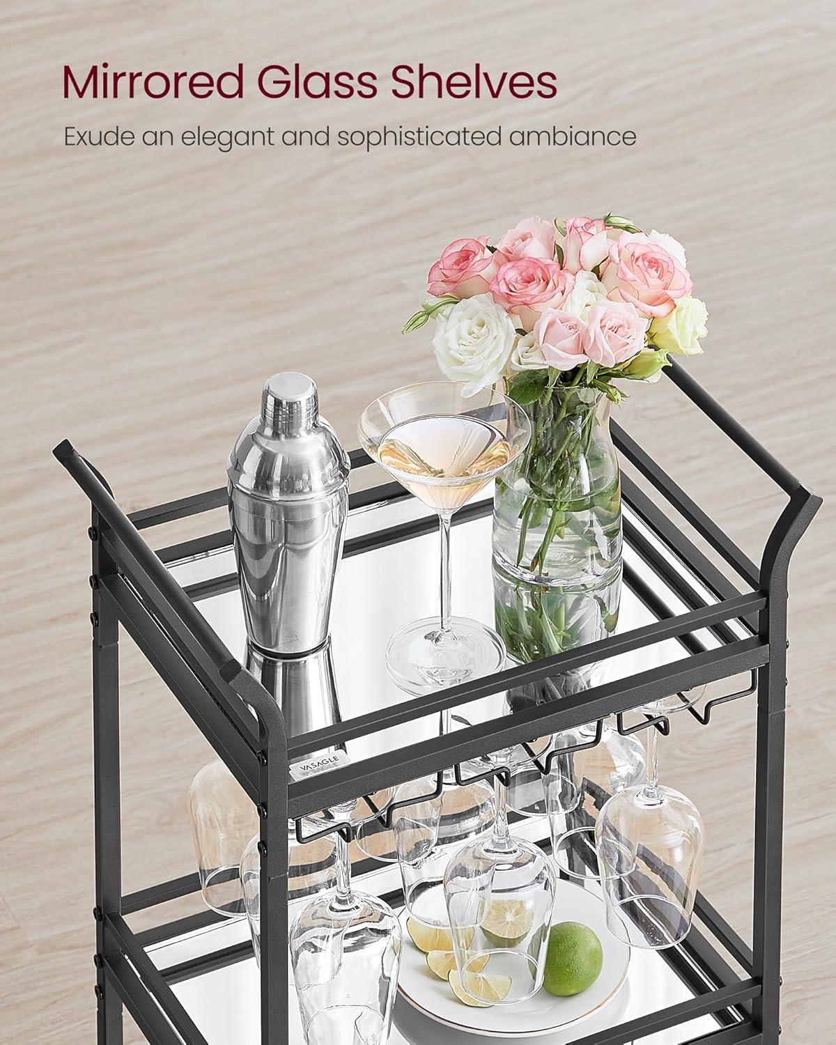 Ink Black 3-Tier Steel and Glass Bar Cart with Storage